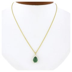 New 14k Gold SSEF Pear Teardrop Emerald Solitaire & Diamond Halo Pendant & Chain