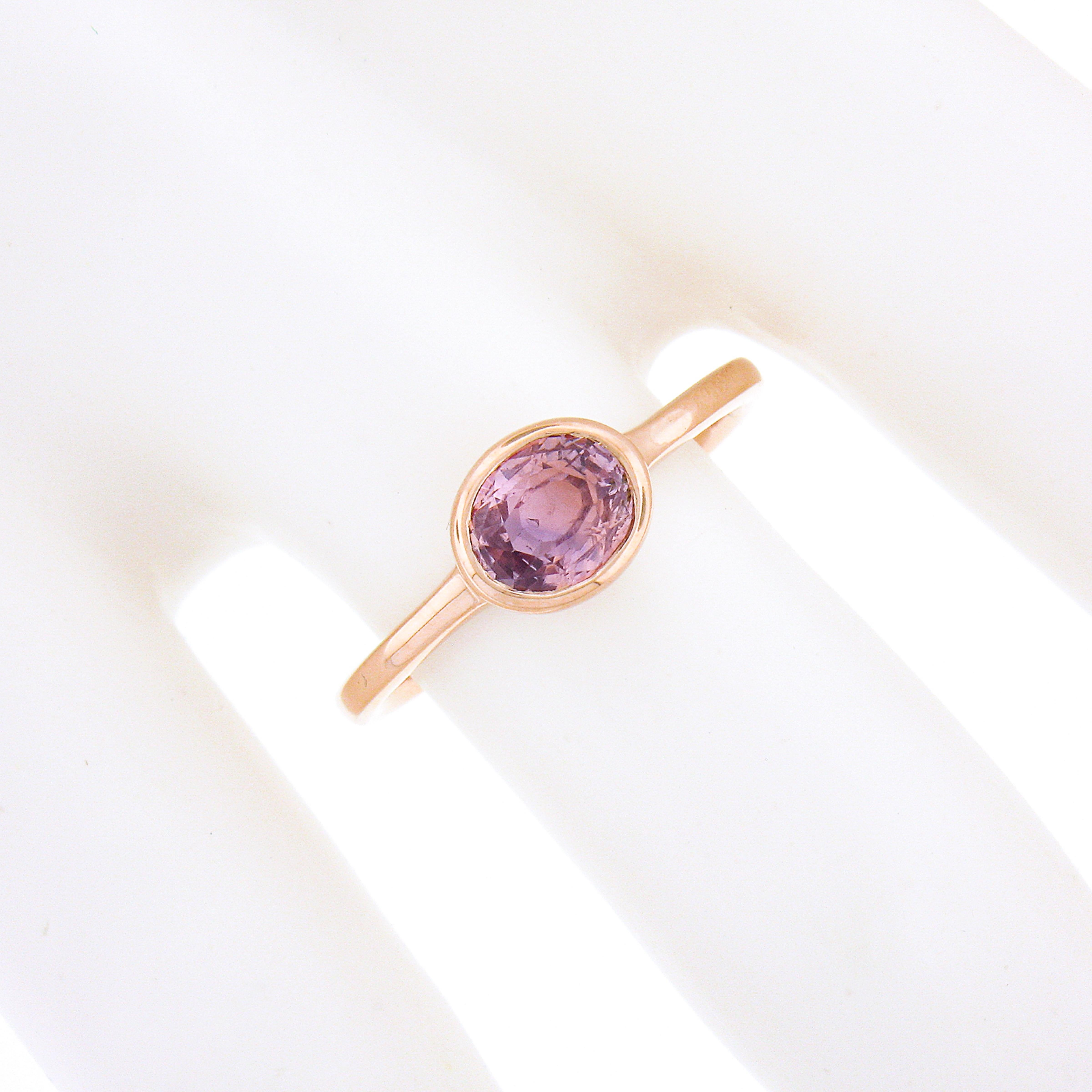 New 14k Rose Gold 1.01ct Oval Gia No Heat Pink Sapphire Bezel Set Solitaire Ring In New Condition For Sale In Montclair, NJ