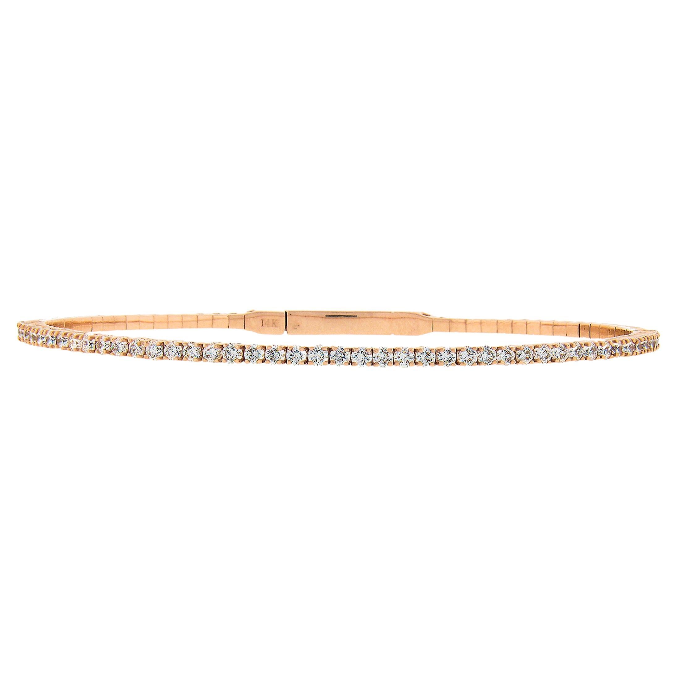 NEW 14k Rose Gold 1.14ctw Round Diamond 6.25" Flexible Stackable Bangle Bracelet en vente