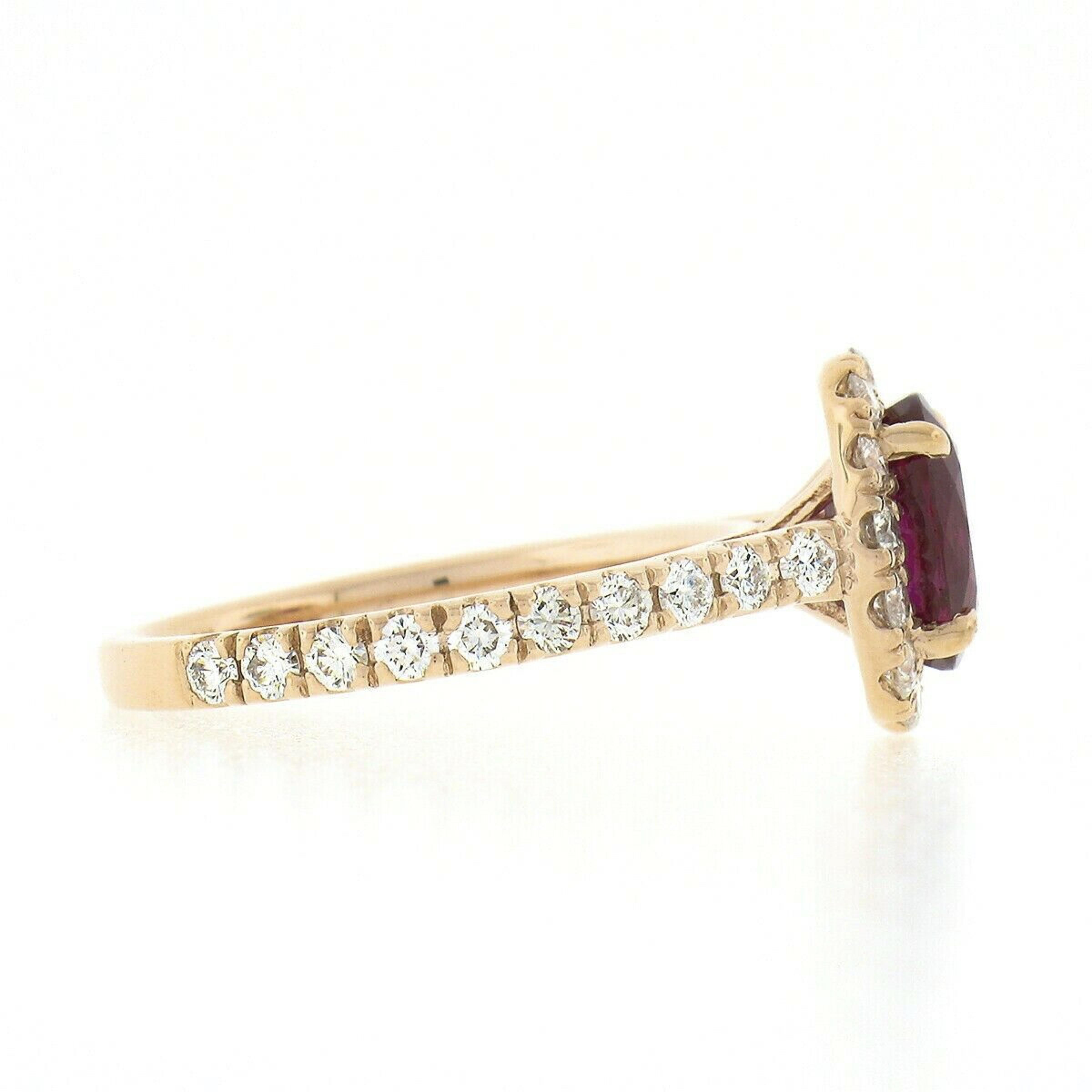 New 14k Rose Gold 3.28ct GIA Oval Burma Ruby w/ Diamond Halo Engagement Ring In New Condition For Sale In Montclair, NJ