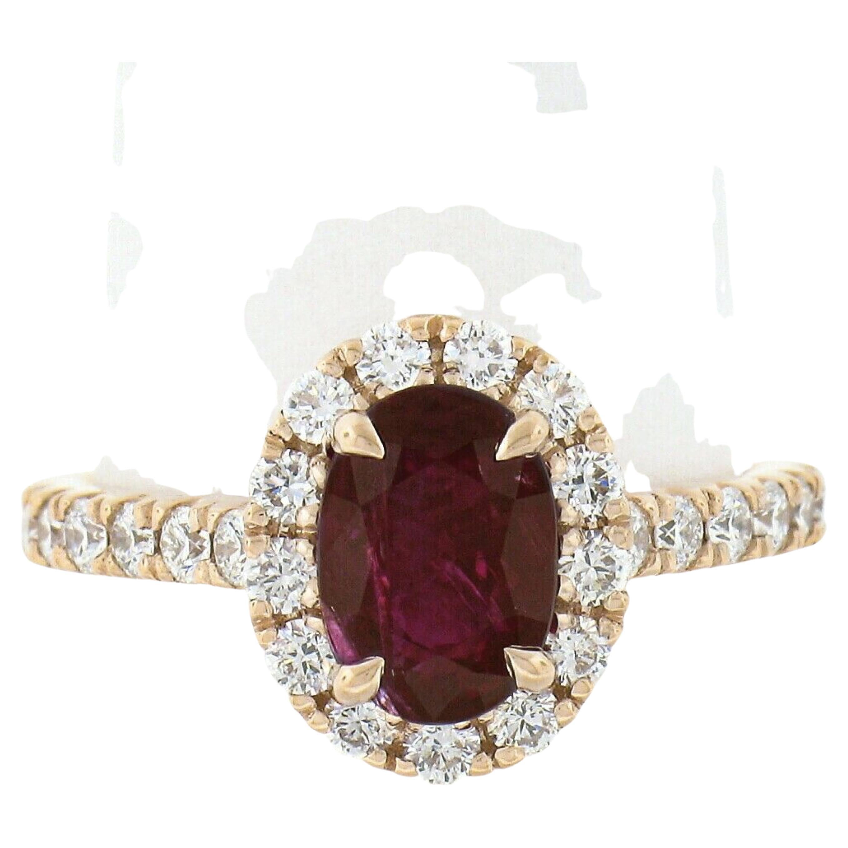 Nouvelle bague de fiançailles en or rose 14 carats avec rubis de Birmanie ovale de 3,28 carats certifié GIA et halo de diamants