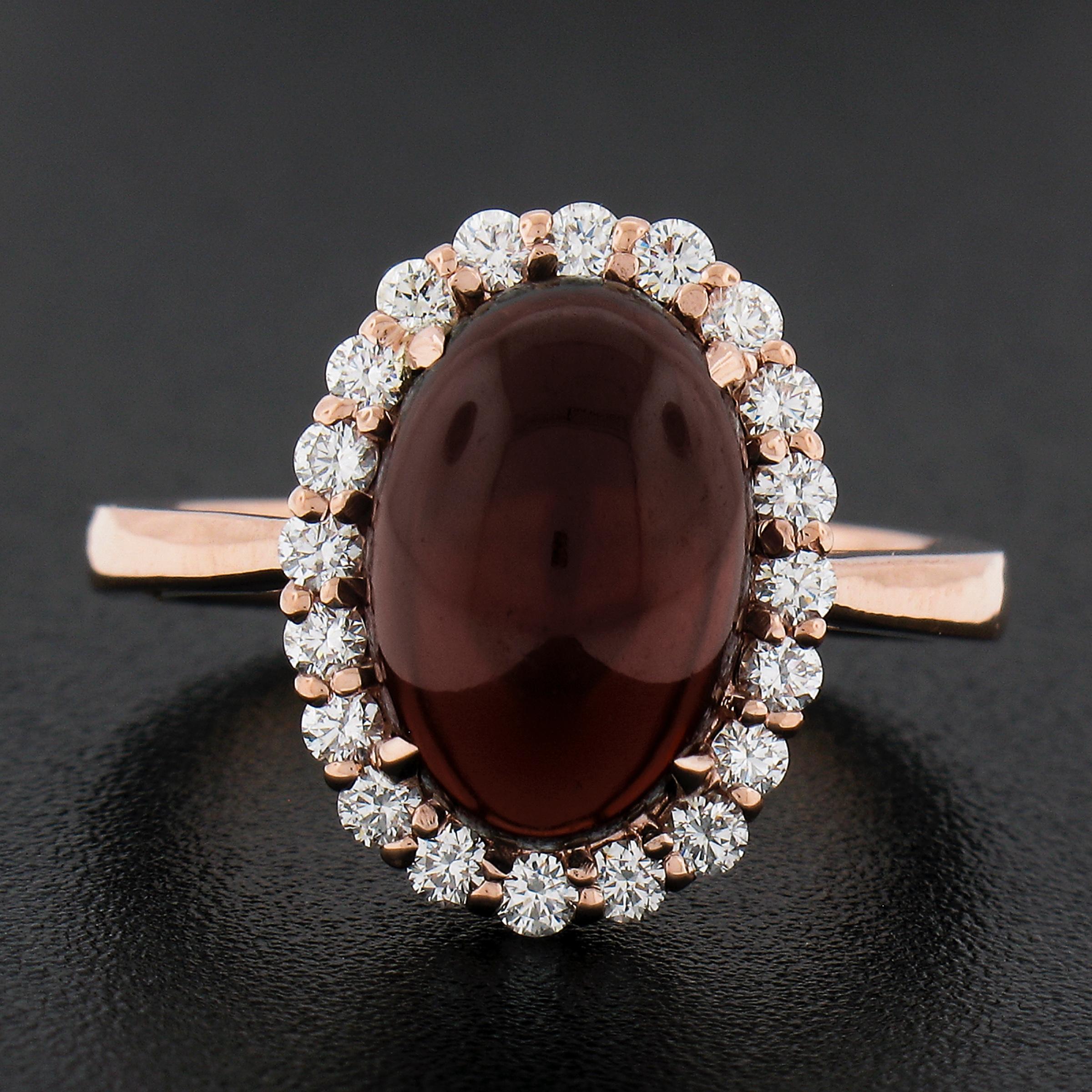 Oval Cut New 14K Rose Gold 5.47ctw Oval Cabochon Garnet Solitaire Diamond Halo Ring For Sale