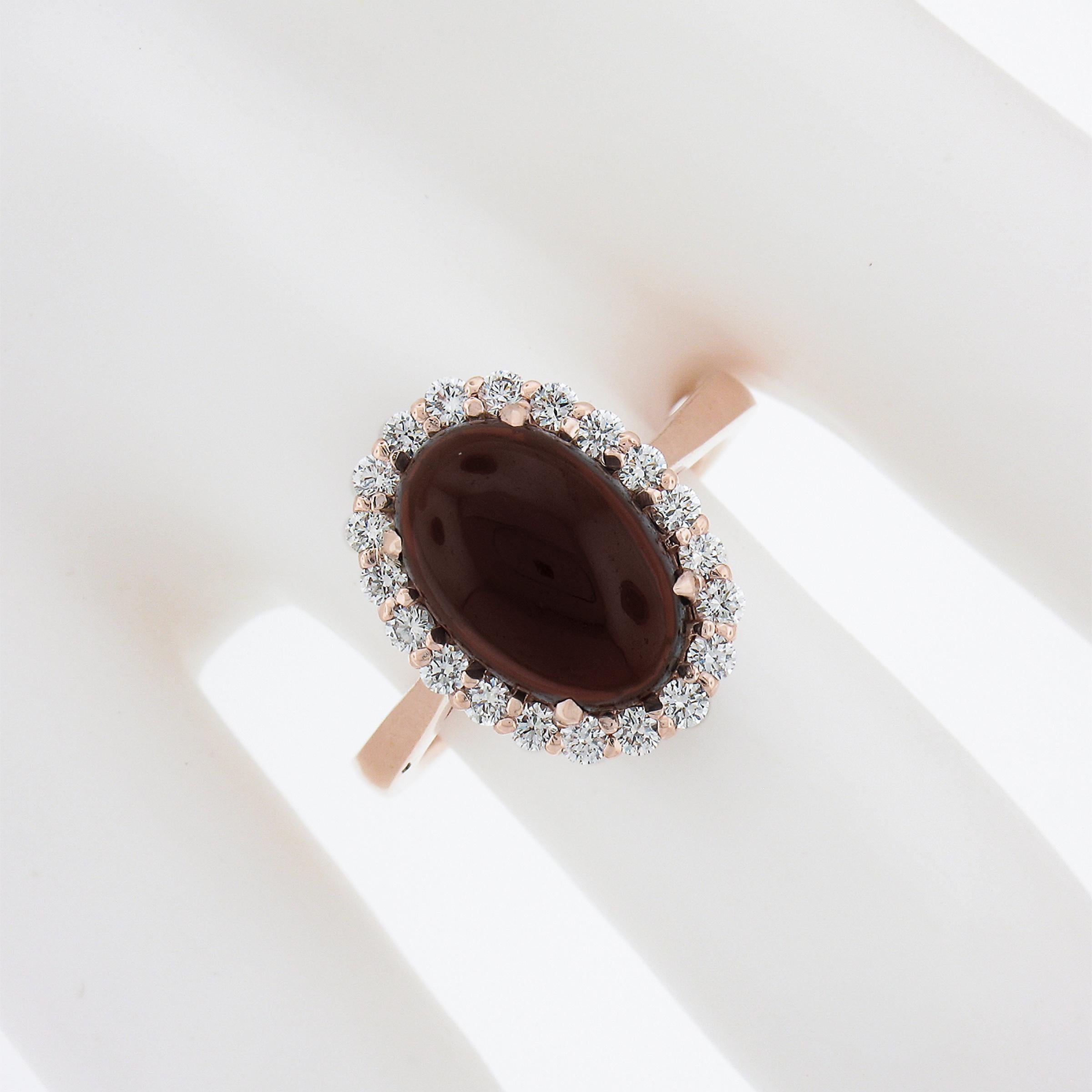 New 14K Rose Gold 5.47ctw Oval Cabochon Garnet Solitaire Diamond Halo Ring In New Condition For Sale In Montclair, NJ