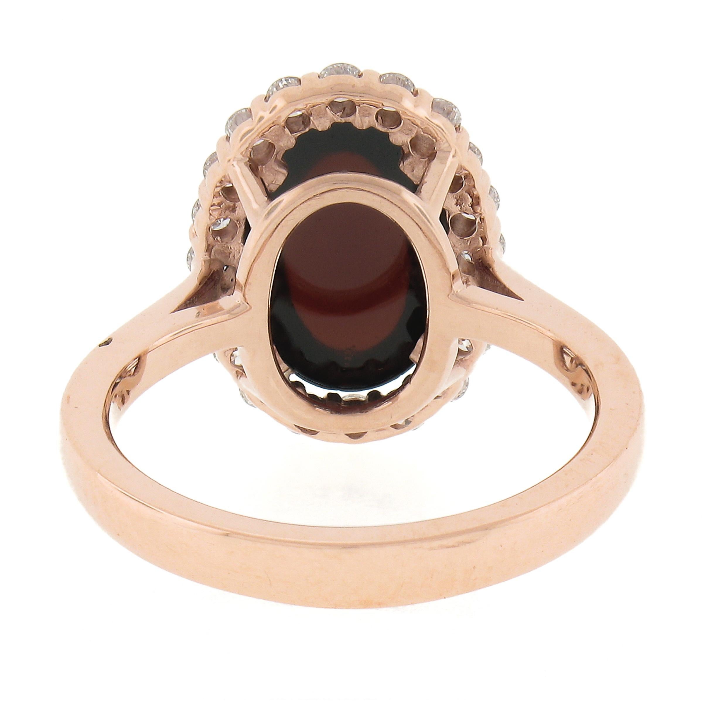 New 14K Rose Gold 5.47ctw Oval Cabochon Garnet Solitaire Diamond Halo Ring For Sale 2