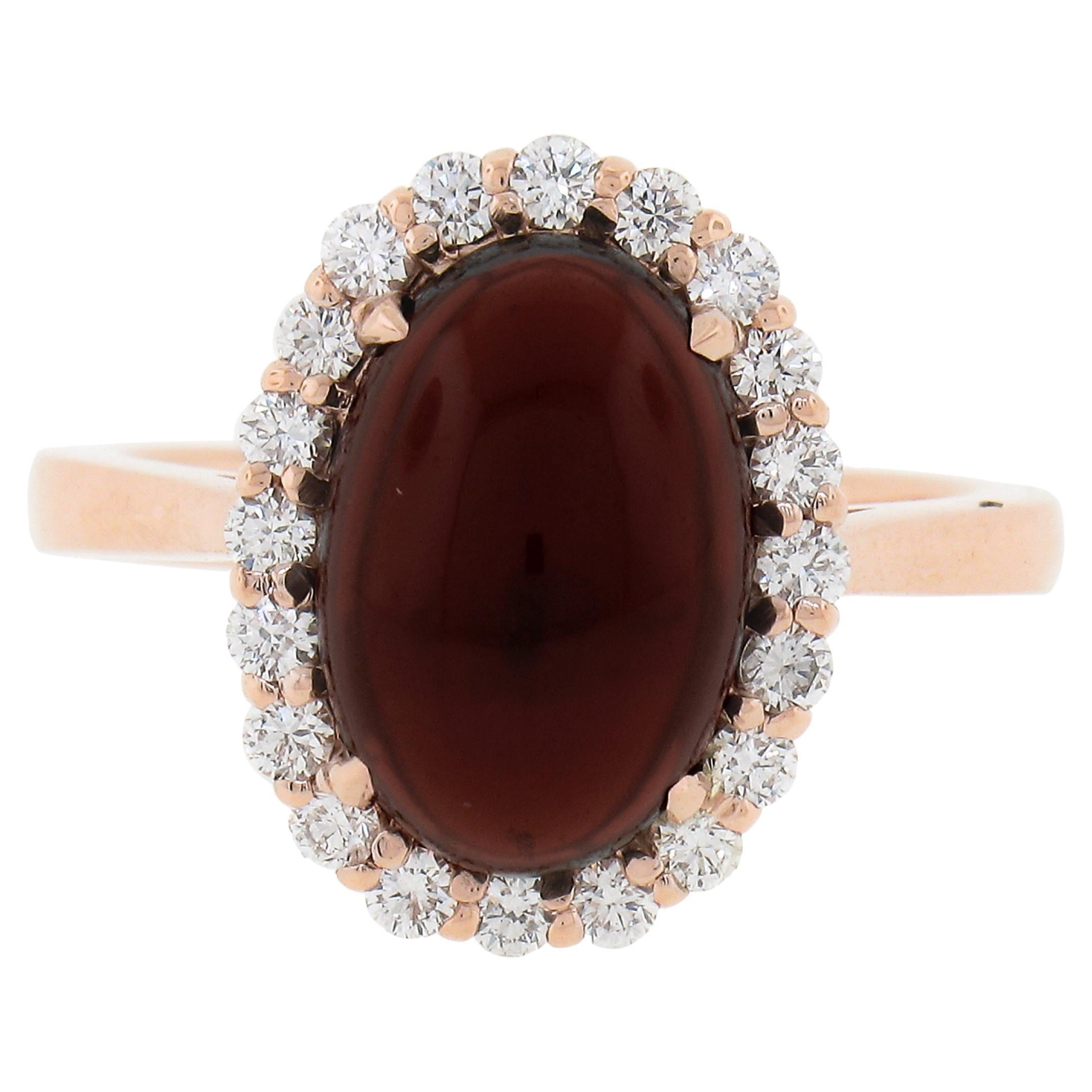 New 14K Rose Gold 5.47ctw Oval Cabochon Garnet Solitaire Diamond Halo Ring For Sale