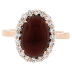 New 14K Rose Gold 5.47ctw Oval Cabochon Garnet Solitaire Diamond Halo Ring
