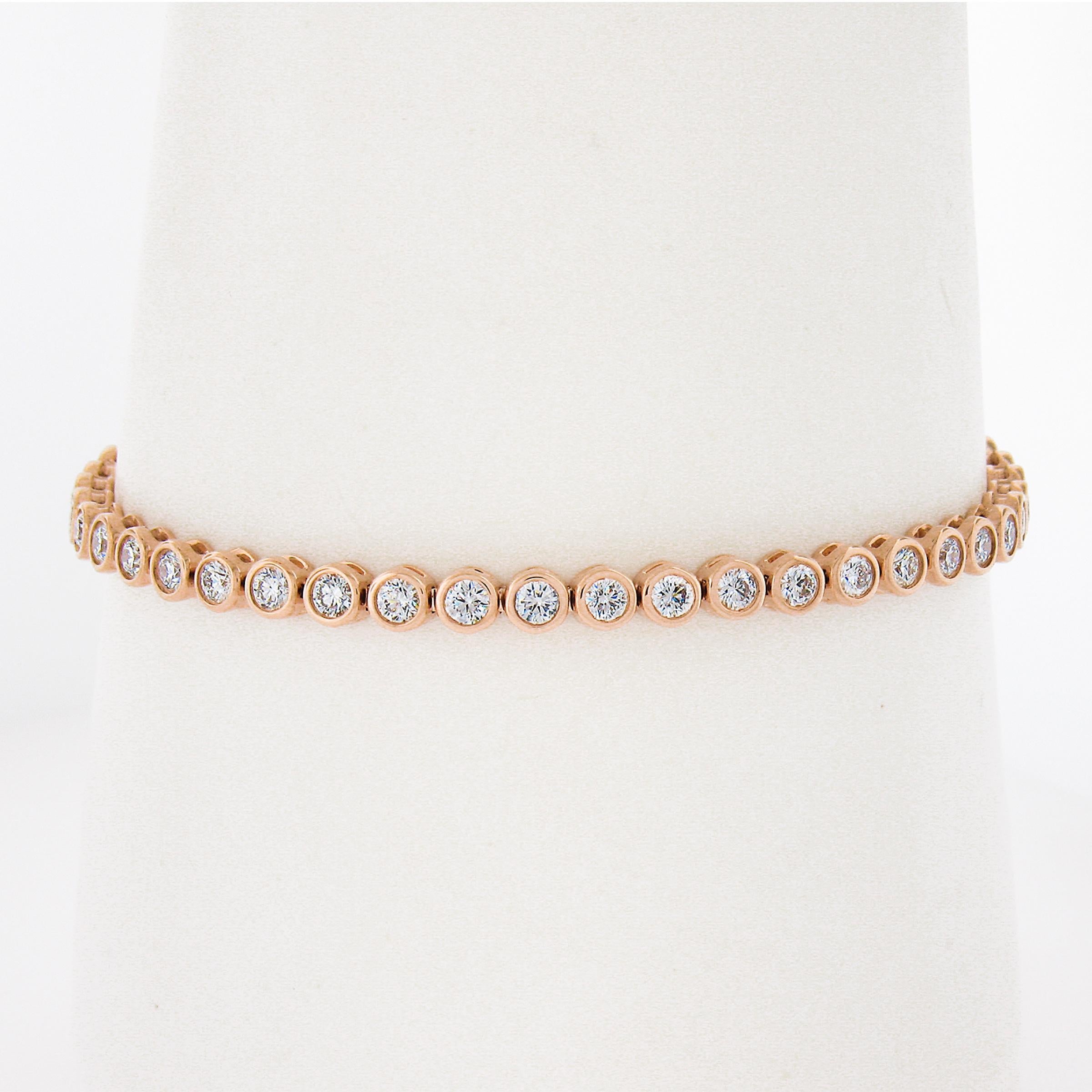 --Stone(s):--
(45) Natural Genuine Diamonds - Round Brilliant Cut - Bezel Set - G/H Color - VS1/VS2 Clarity 
Total Carat Weight:	2.91 (exact)

Material: Solid 14K Rose Gold
Weight: 10.26 Grams
Length: Will comfortably fit up to a 7 inch wrist