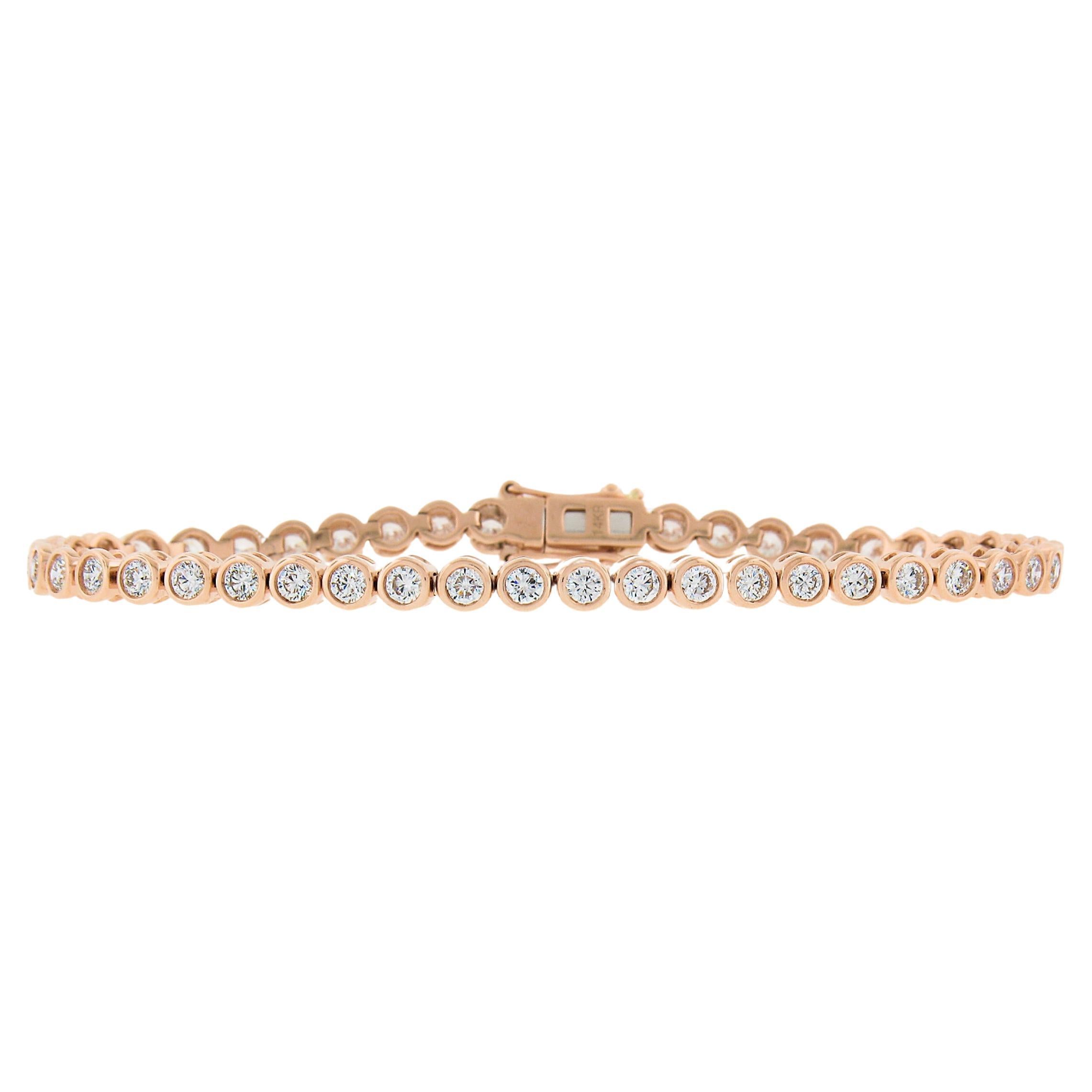 New 14K Rose Gold 7" 2.91ctw Round Bezel Diamond Link Line Tennis Bracelet For Sale