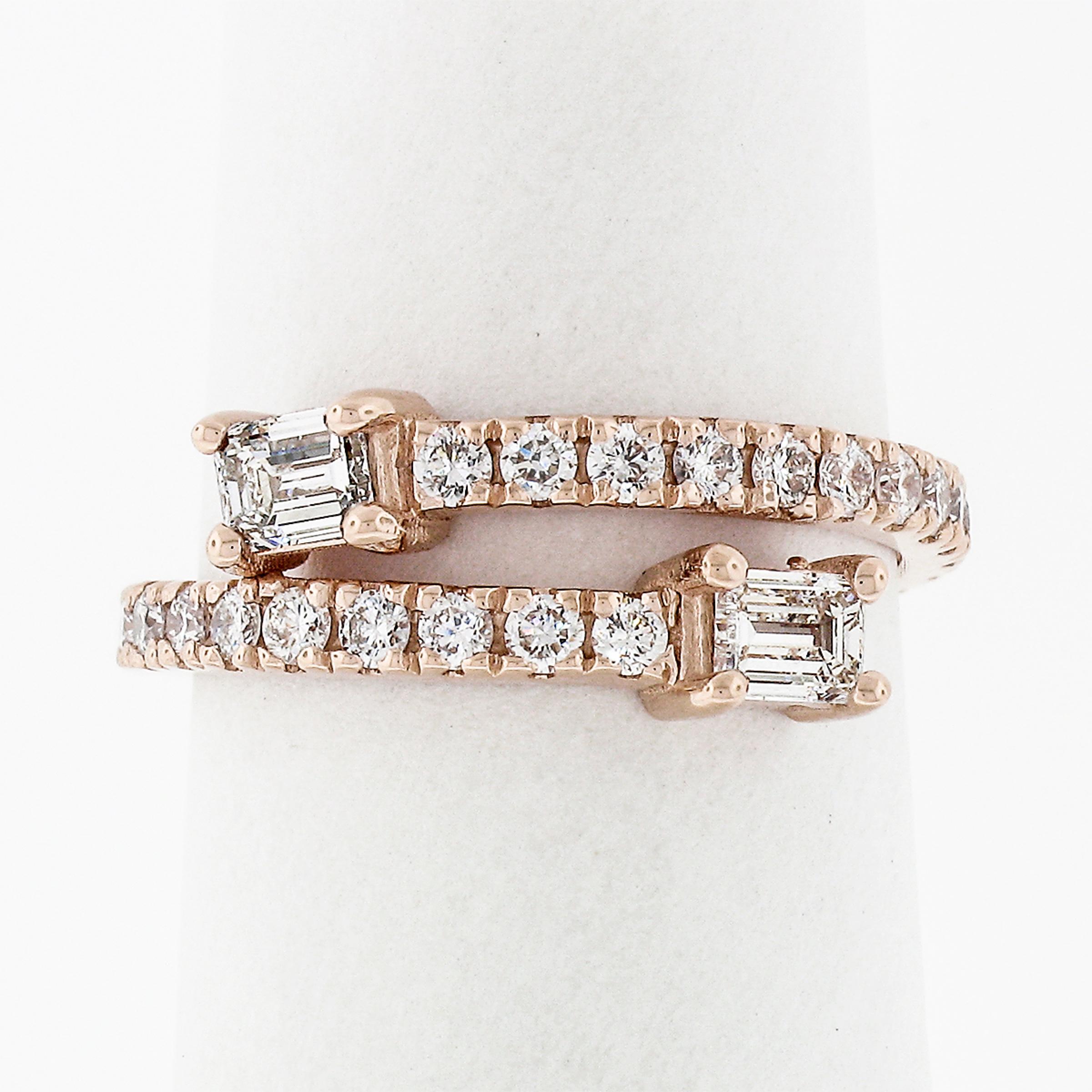 Diese sehr schöne Diamant-Bypass-Stack-Band ist neu in Handarbeit in massivem 14 Karat Roségold verfügt über Top-Qualität Diamanten, ordentlich in eine hervorragende Bypass-Einstellung Design gesetzt. Jedes Ende des Designs ist mit einem