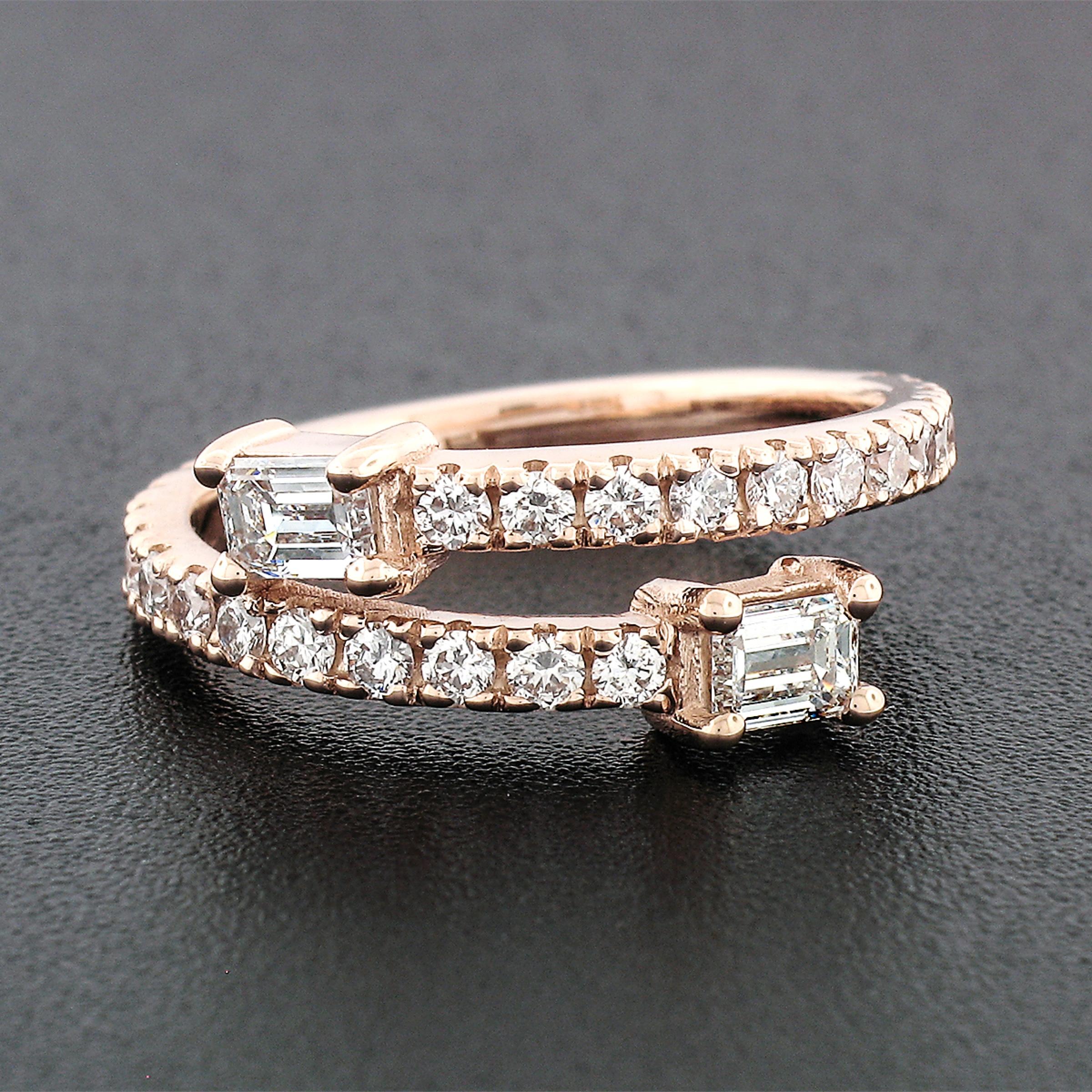 Neuer 14k Roségold Smaragdschliff & runder Diamant Moi et Toi Bypass-Ring im Zustand „Neu“ in Montclair, NJ