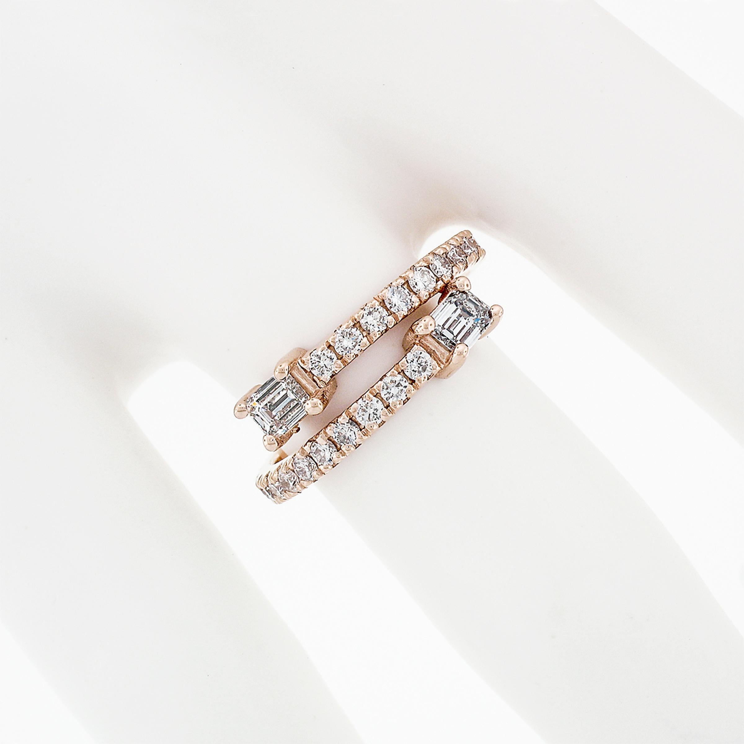Neuer 14k Roségold Smaragdschliff & runder Diamant Moi et Toi Bypass-Ring Damen