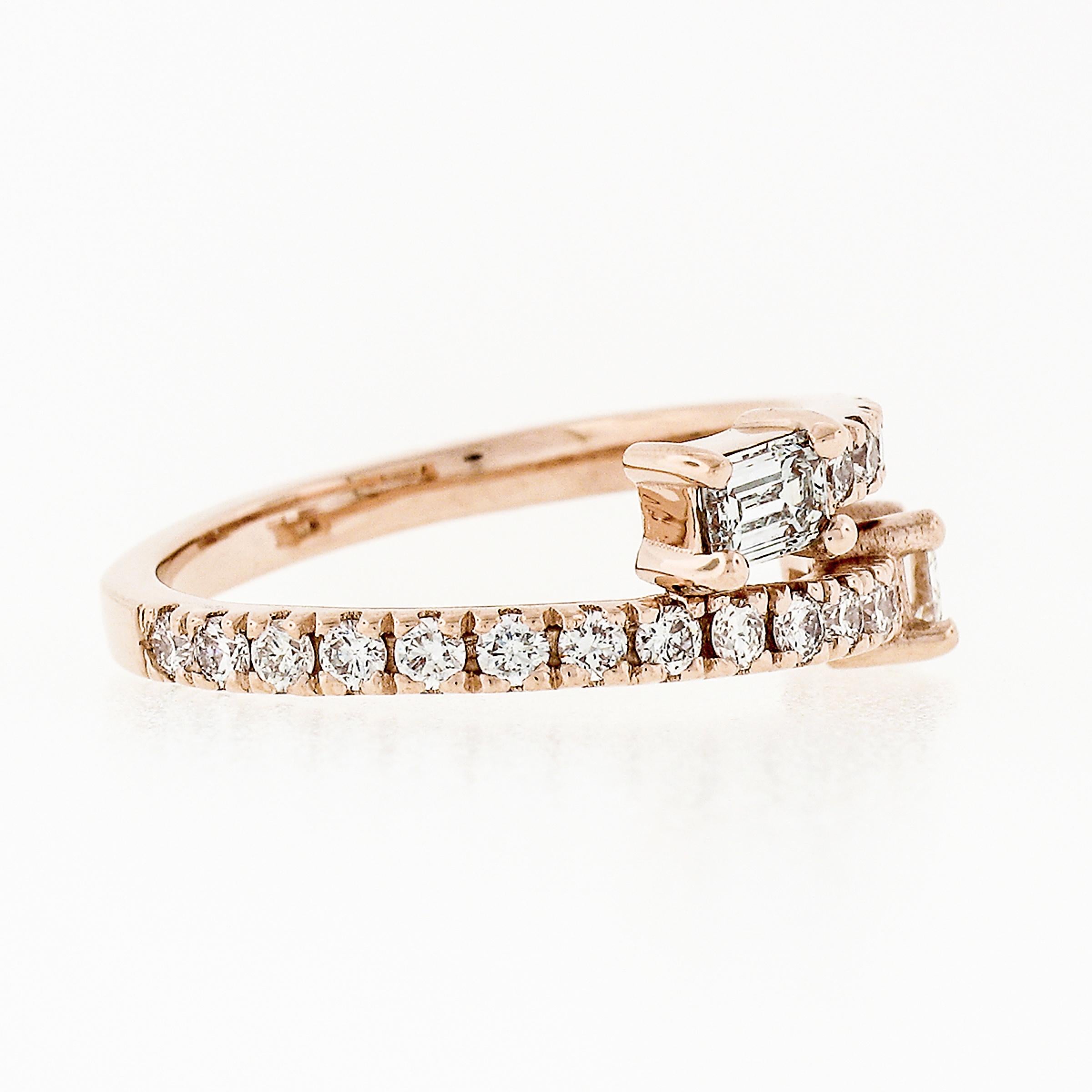 Neuer 14k Roségold Smaragdschliff & runder Diamant Moi et Toi Bypass-Ring 1