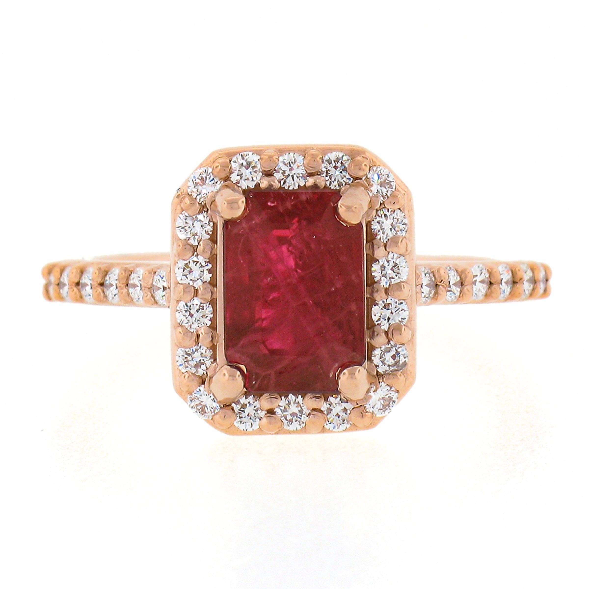 NEW 14k Rose Gold GIA Emerald Cut Ruby Solitaire w/ Diamond Halo Engagement Ring For Sale 2