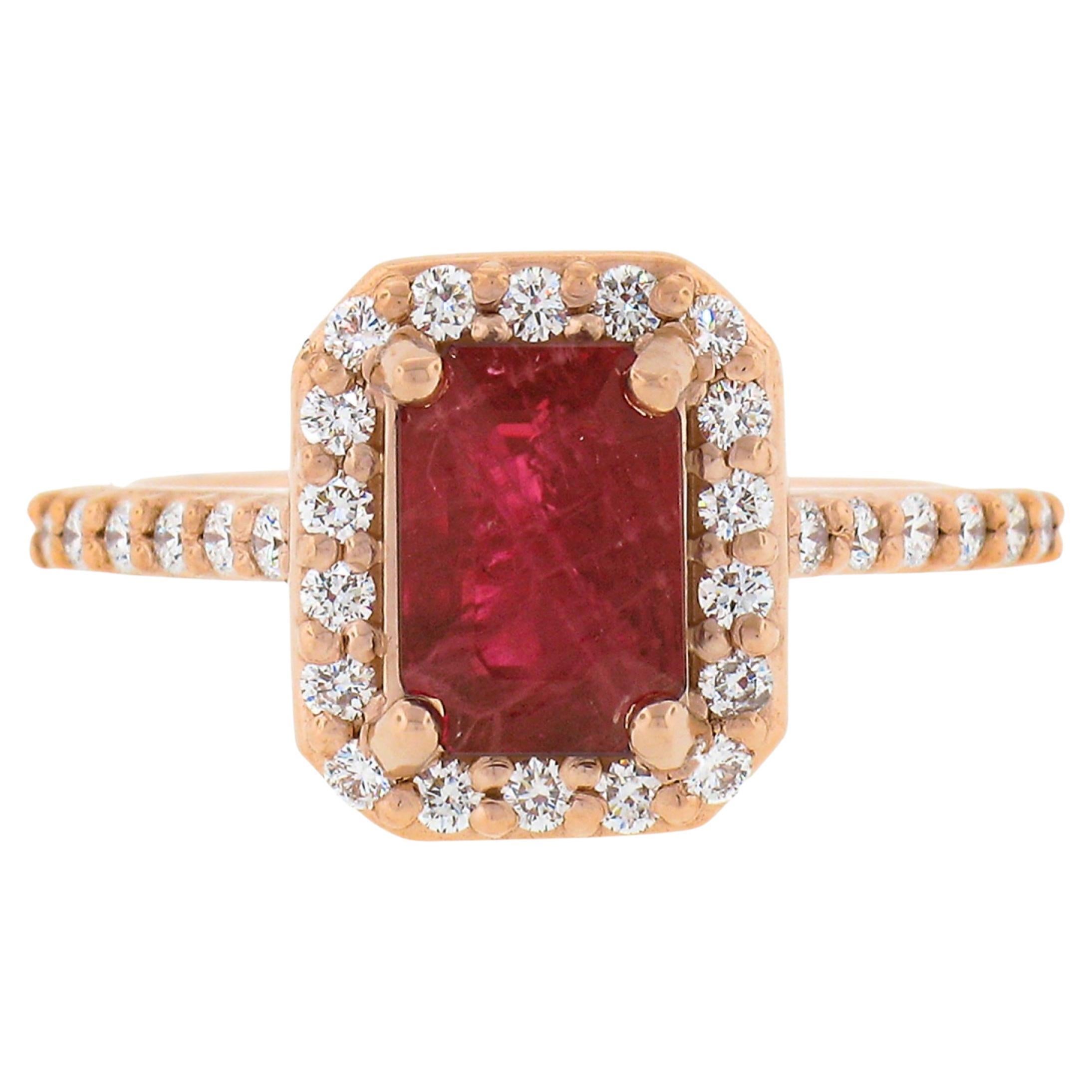 NEW 14k Rose Gold GIA Emerald Cut Ruby Solitaire w/ Diamond Halo Engagement Ring For Sale