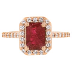 NEW 14k Rose Gold GIA Emerald Cut Ruby Solitaire w/ Diamond Halo Engagement Ring