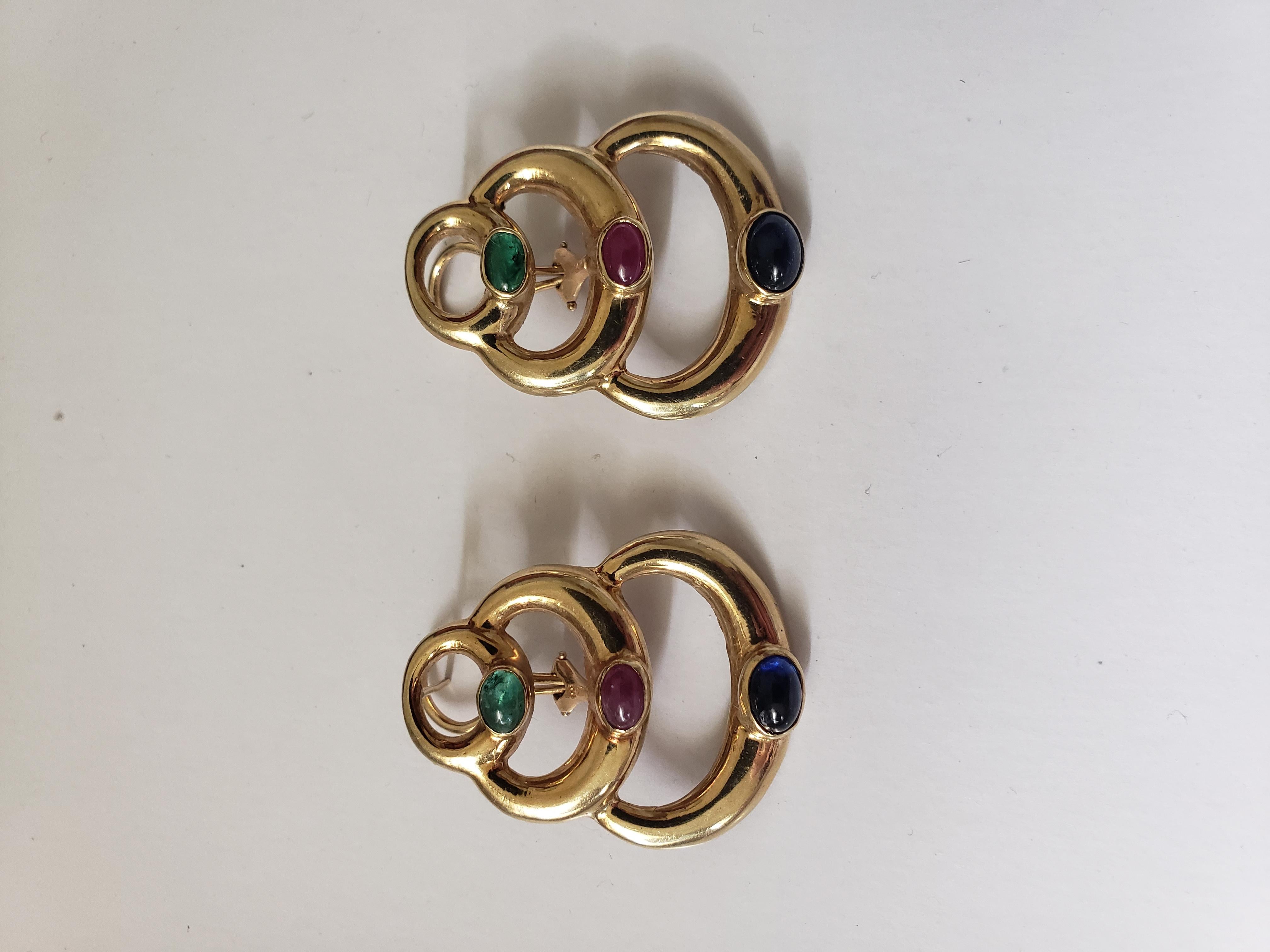Boucles d'oreilles en or jaune massif 14 carats avec saphirs naturels, rubis et émeraudes en vente 4