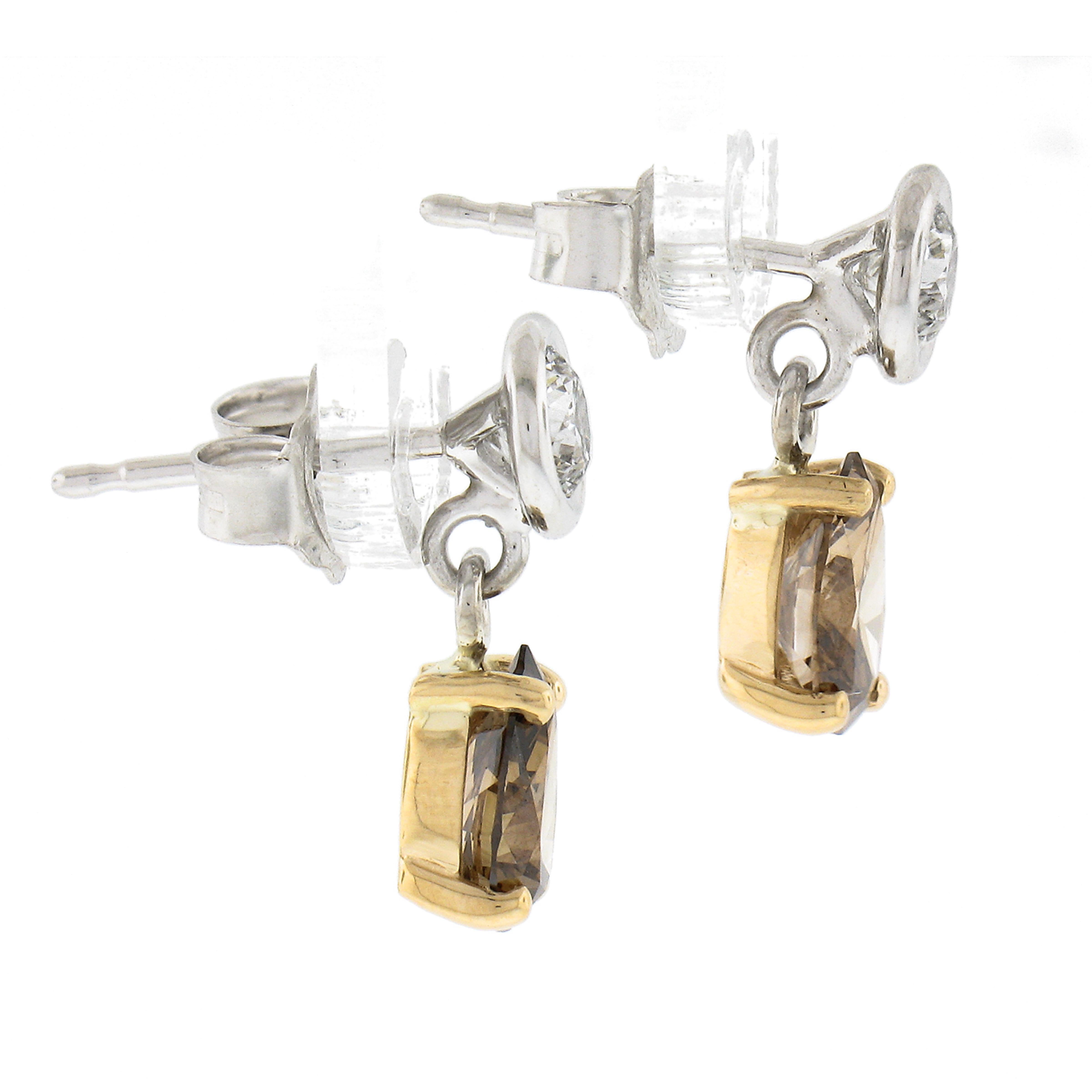 Pear Cut New 14k TT Gold 1.42ctw Fancy Brown & White Diamond Tear Drop Dangle Earrings For Sale
