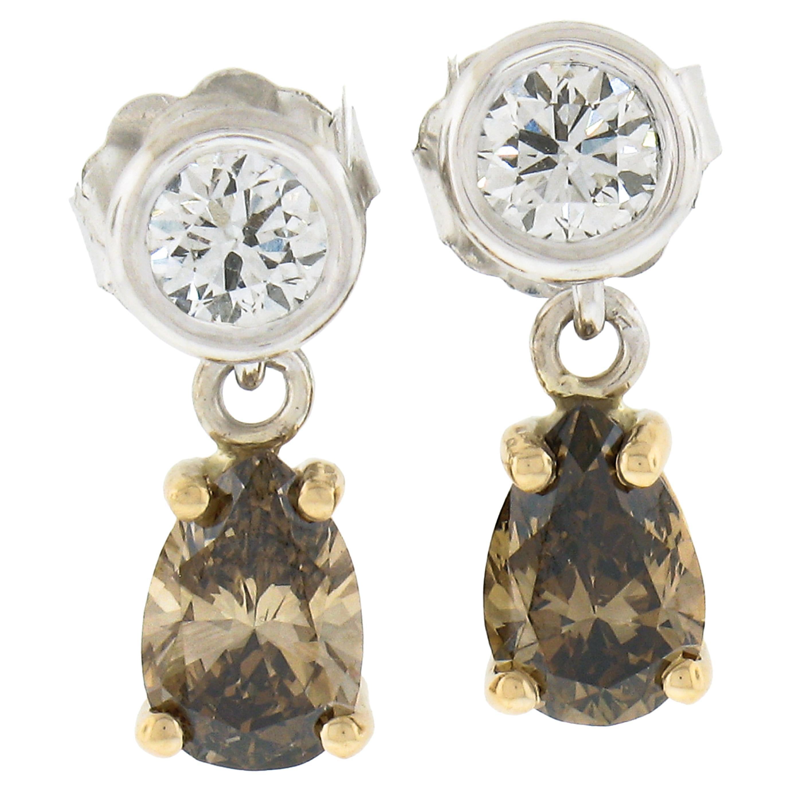 Nouveau Boucles d'oreilles pendantes en or 14K TT 1.42ctw Fancy Brown & White Diamond Tear Dangle Ears