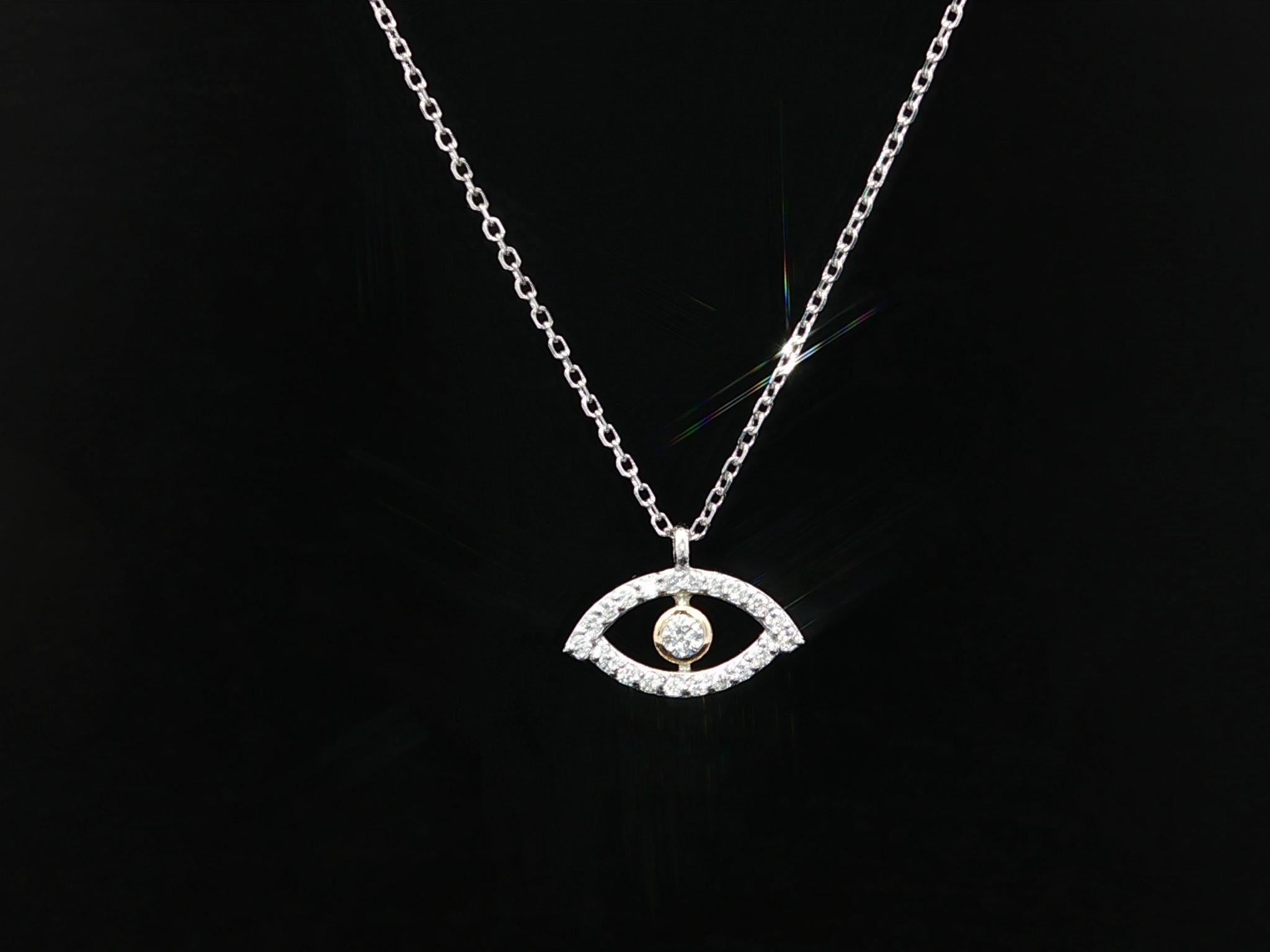 New 14k Two Tone Gold 0.11ct Diamond Evil Eye Slide Pendant Adjustable Necklace en vente 2