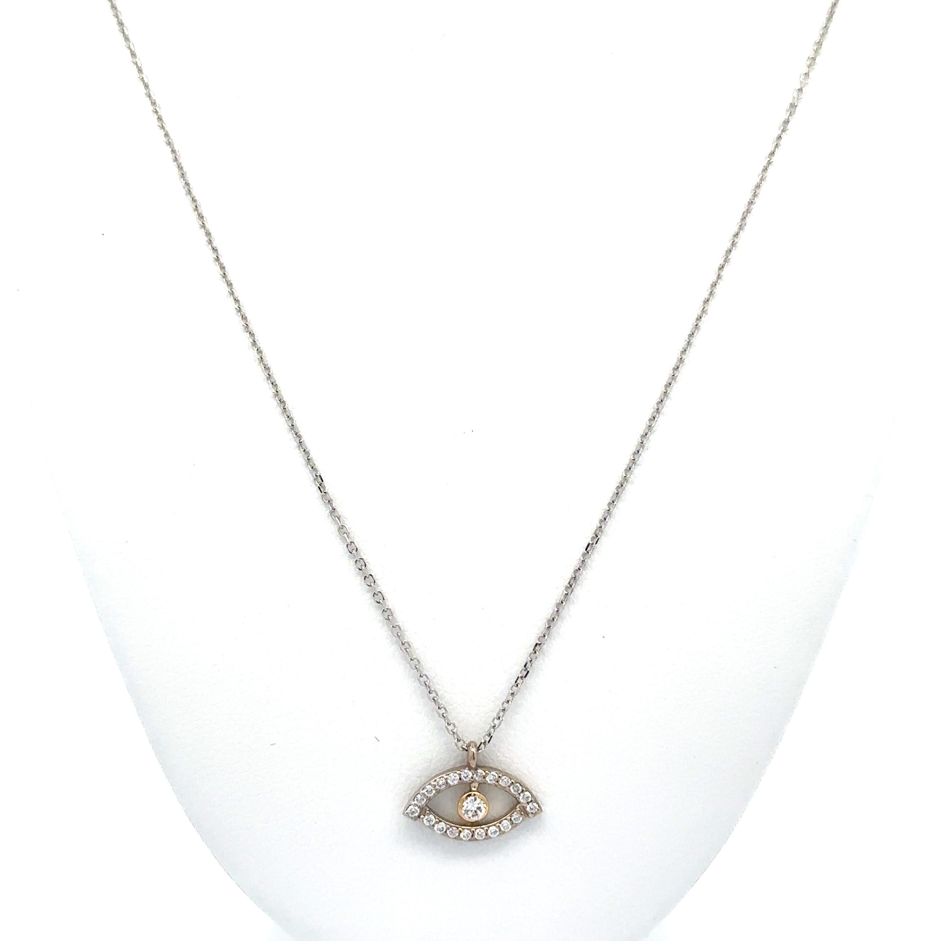 New 14k Two Tone Gold 0.11ct Diamond Evil Eye Slide Pendant Adjustable Necklace en vente 3