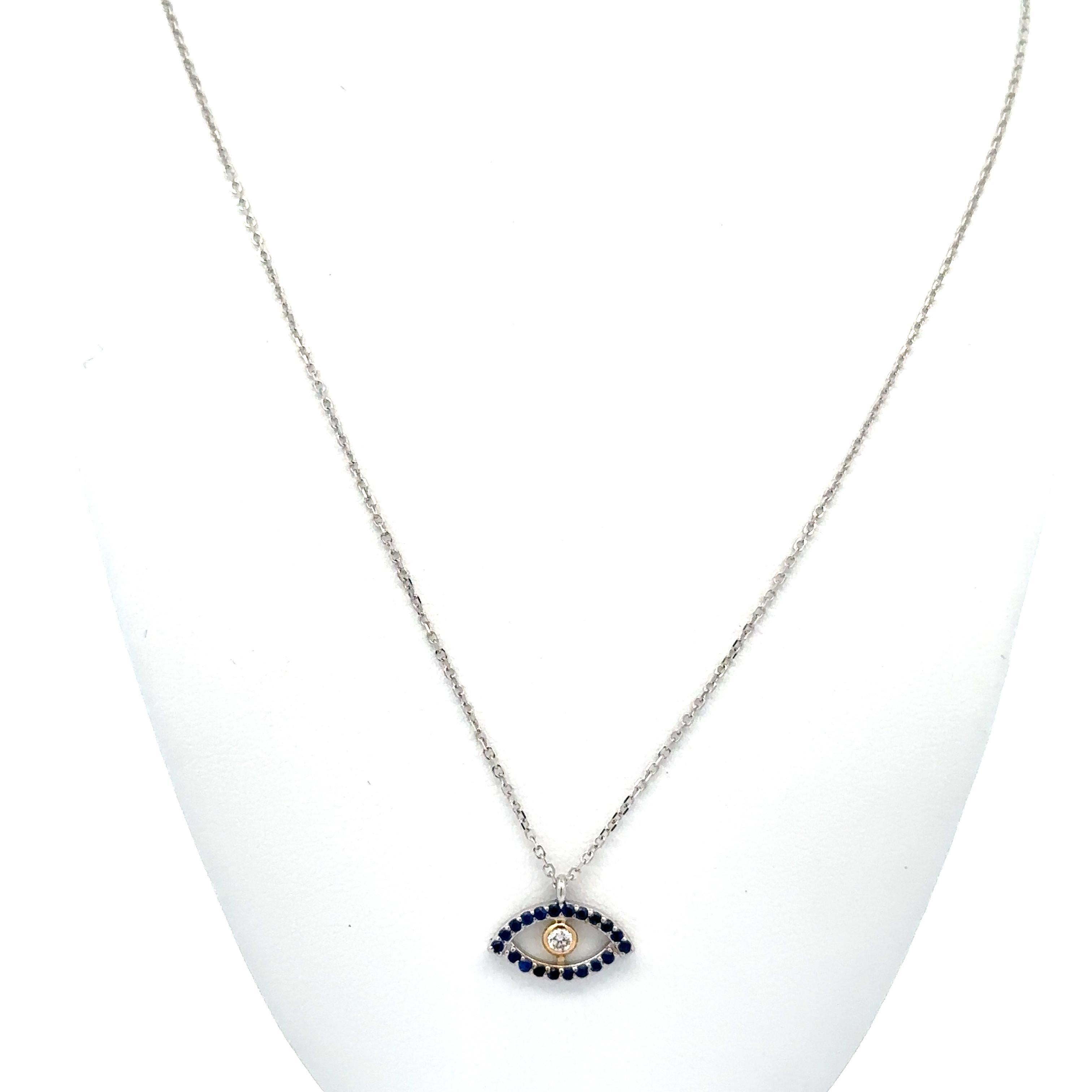 Taglio brillante New 14k Oro bicolore 0,17ct Zaffiro e diamante Collana con ciondolo a forma di occhio maligno in vendita