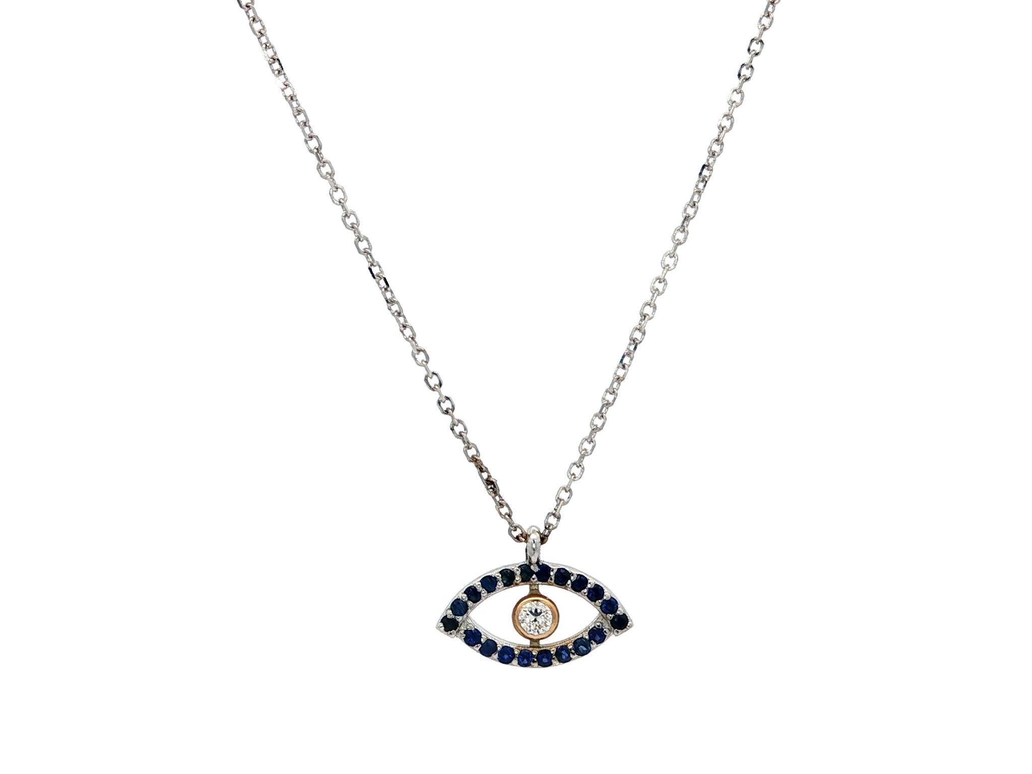 New 14k Oro bicolore 0,17ct Zaffiro e diamante Collana con ciondolo a forma di occhio maligno In condizioni Nuovo in vendita a Montclair, NJ