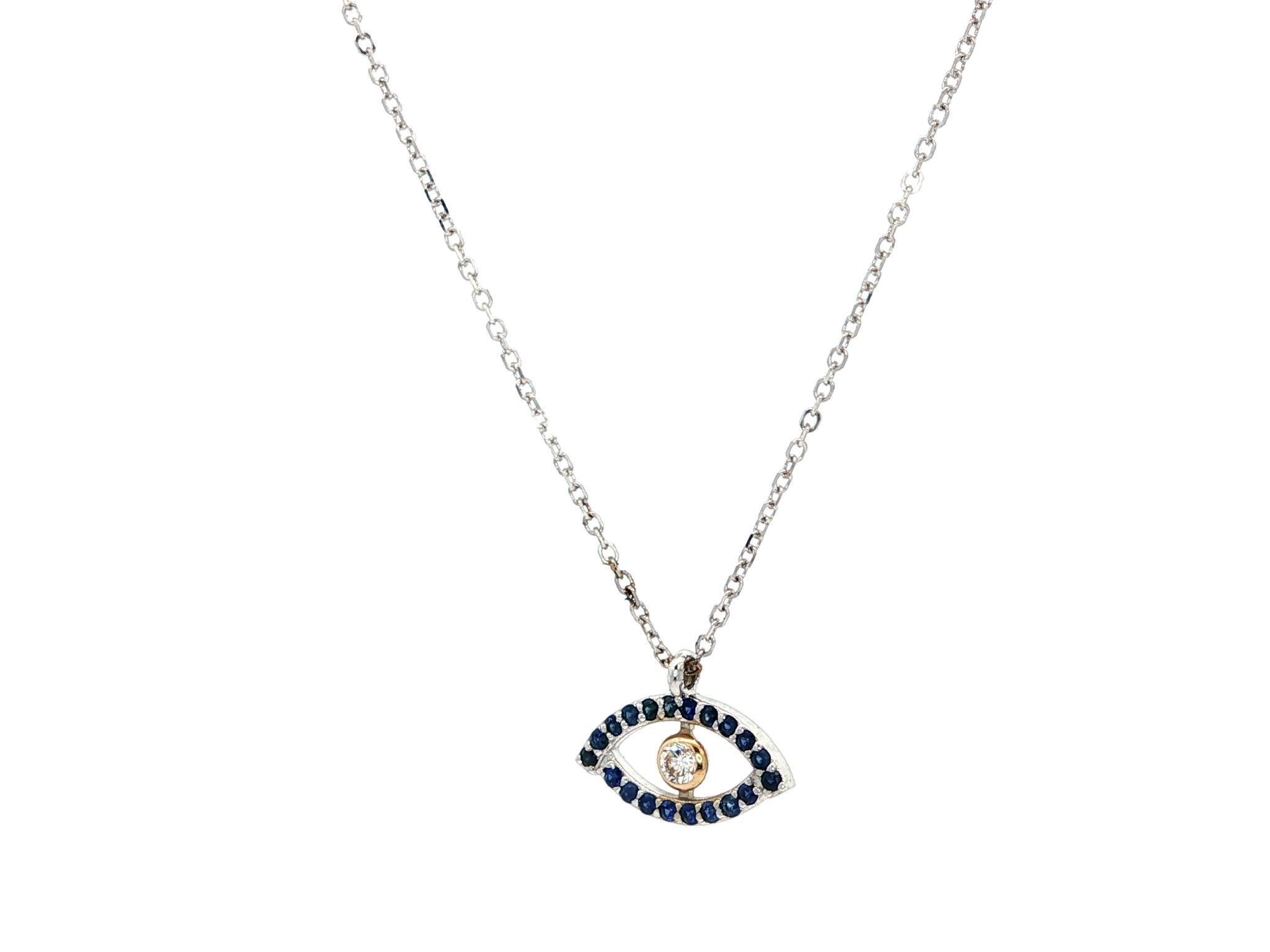 Donna New 14k Oro bicolore 0,17ct Zaffiro e diamante Collana con ciondolo a forma di occhio maligno in vendita