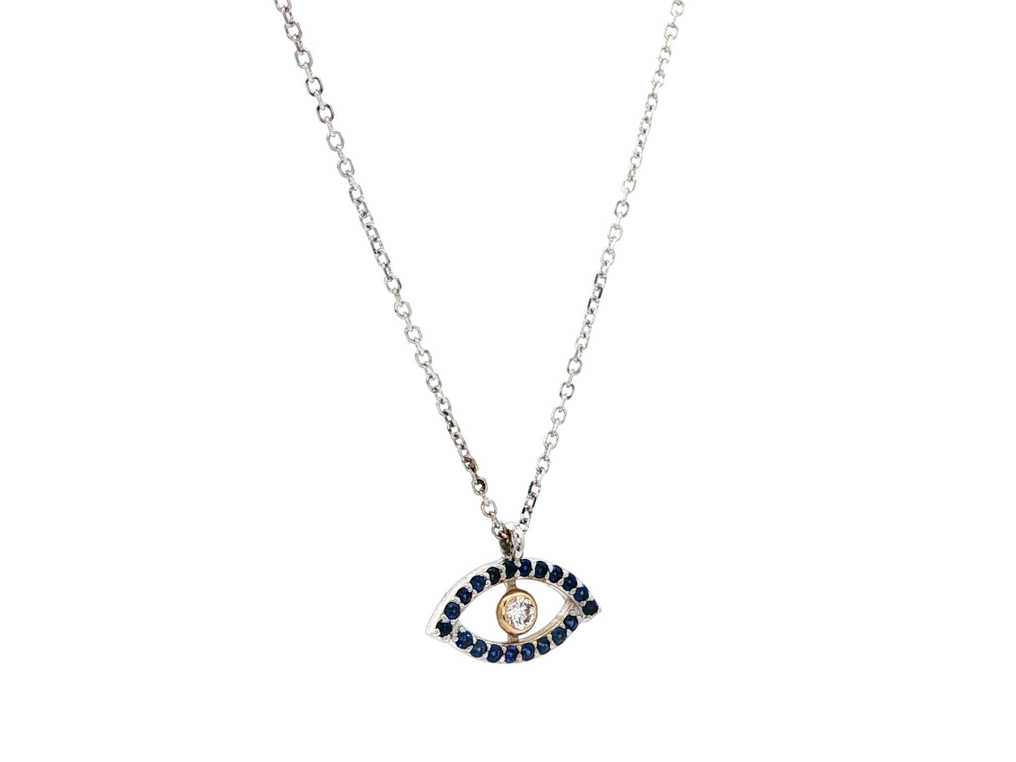 New 14k Oro bicolore 0,17ct Zaffiro e diamante Collana con ciondolo a forma di occhio maligno in vendita 1