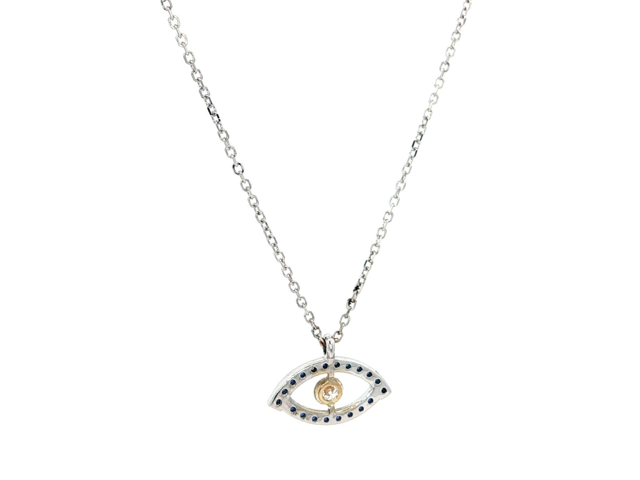 New 14k Oro bicolore 0,17ct Zaffiro e diamante Collana con ciondolo a forma di occhio maligno in vendita 2