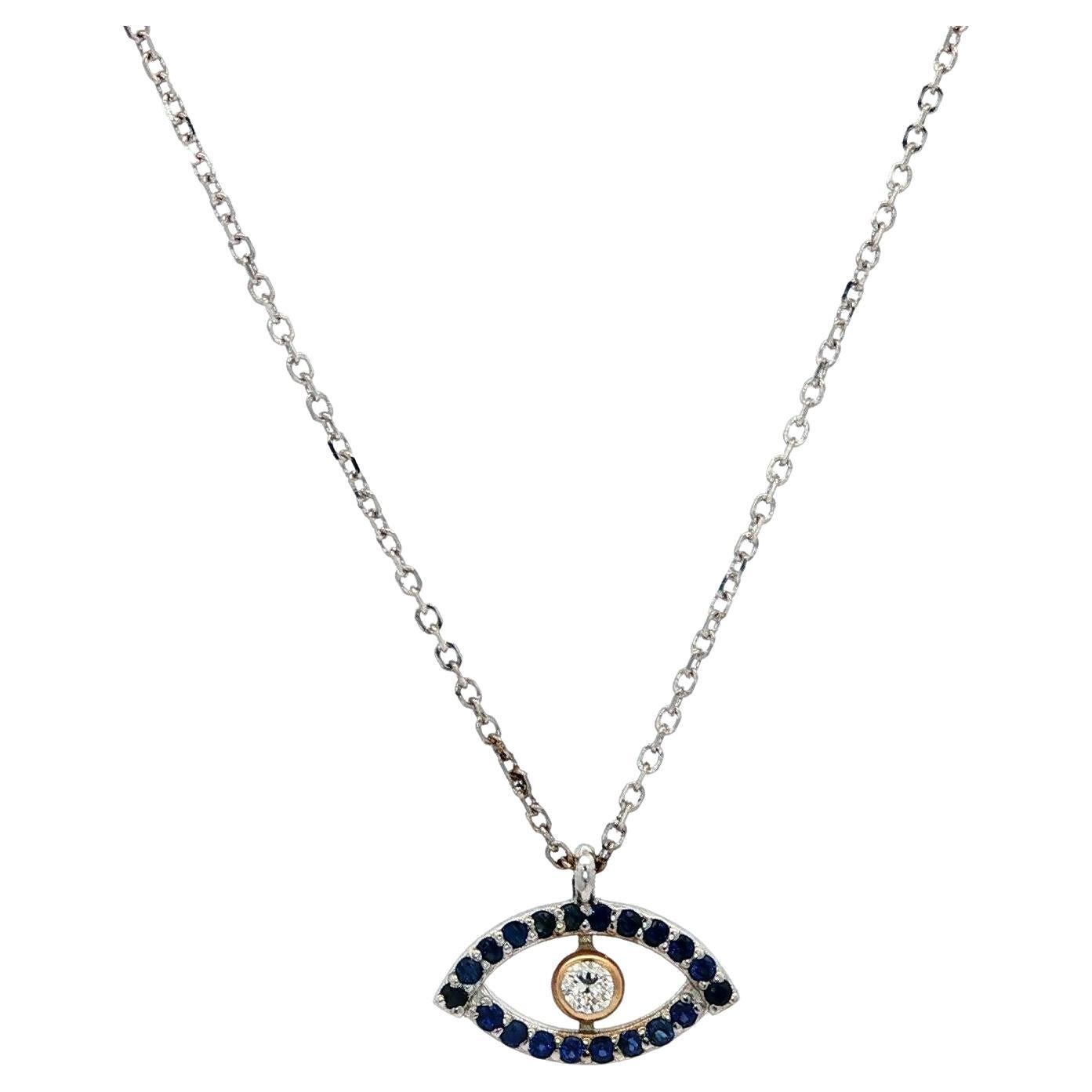 New 14k Oro bicolore 0,17ct Zaffiro e diamante Collana con ciondolo a forma di occhio maligno