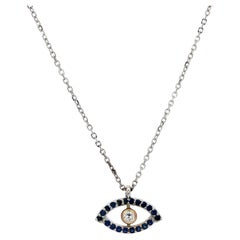 New 14k Two Tone Gold 0.17ct Sapphire & Diamond Evil Eye Slide Pendant Necklace
