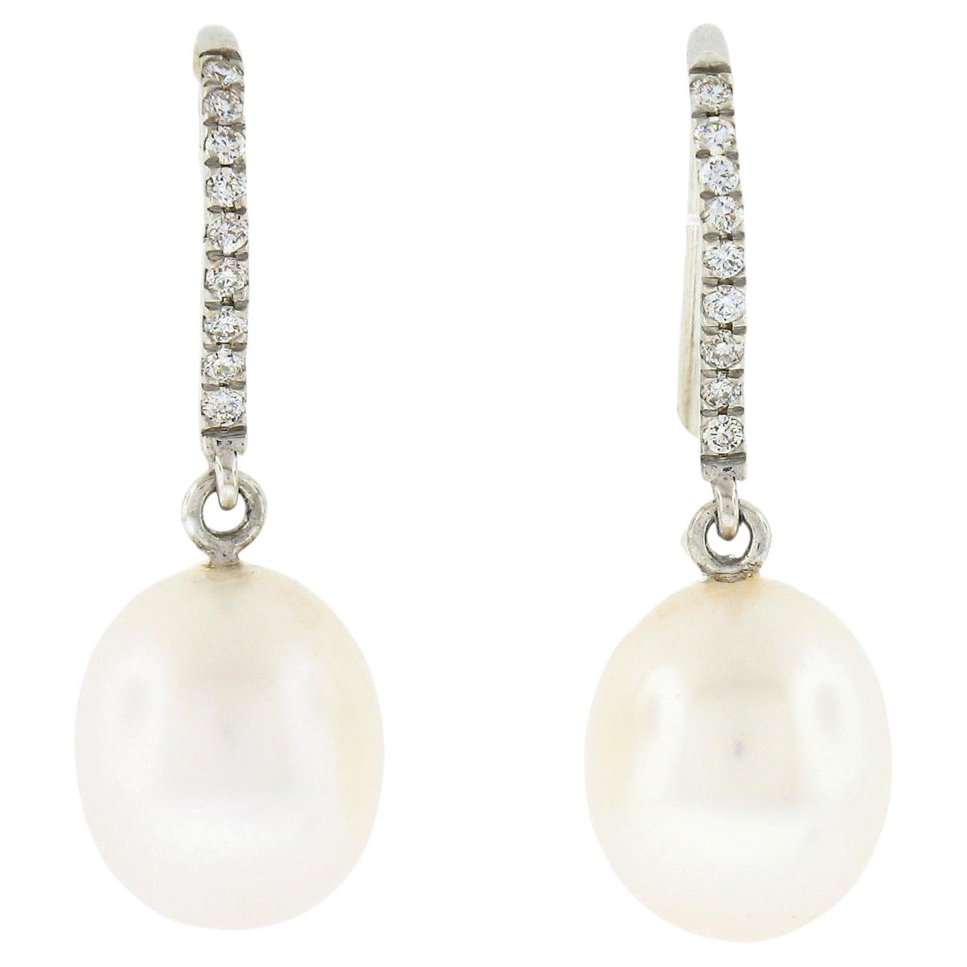 New 14k White Gold 0.10ct Pave Diamond Hook Earrings w/ White Pearl Drop Dangle For Sale