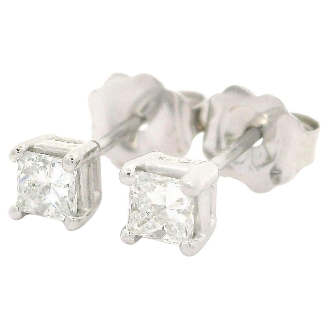 New 14k White Gold 0.32ctw Princess Square Cut Diamond Classic Stud Earrings