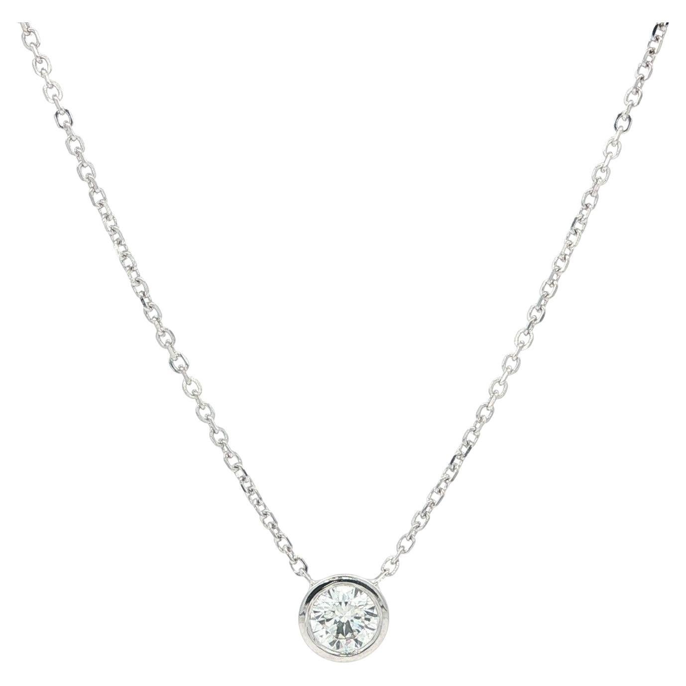 New 14k White Gold 0.33ct Round Bezel Diamond Solitaire Pendant Chain Necklace For Sale