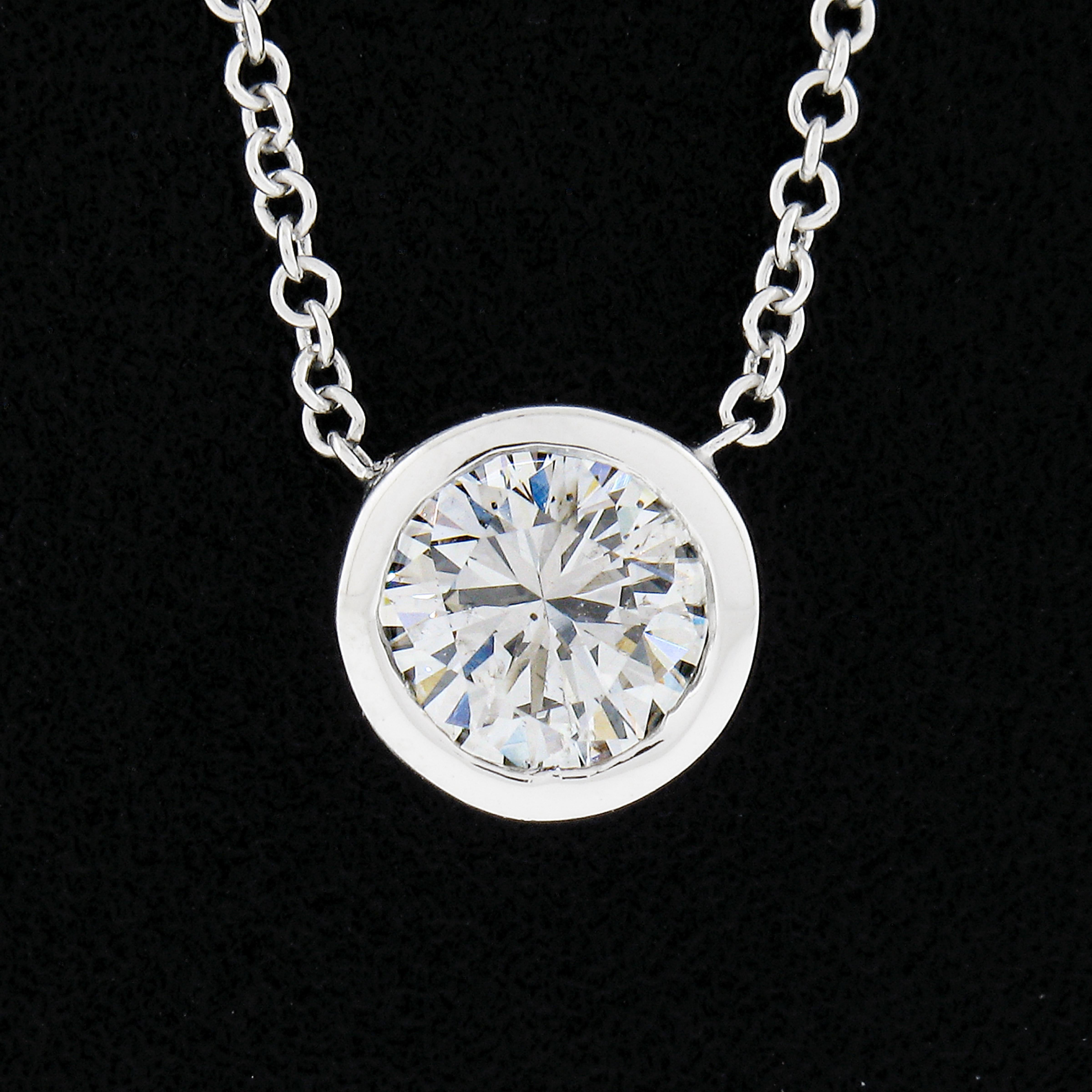 Round Cut NEW 14k White Gold 0.55ct Round Bezel Diamond Solitaire Pendant Adjustable Chain For Sale
