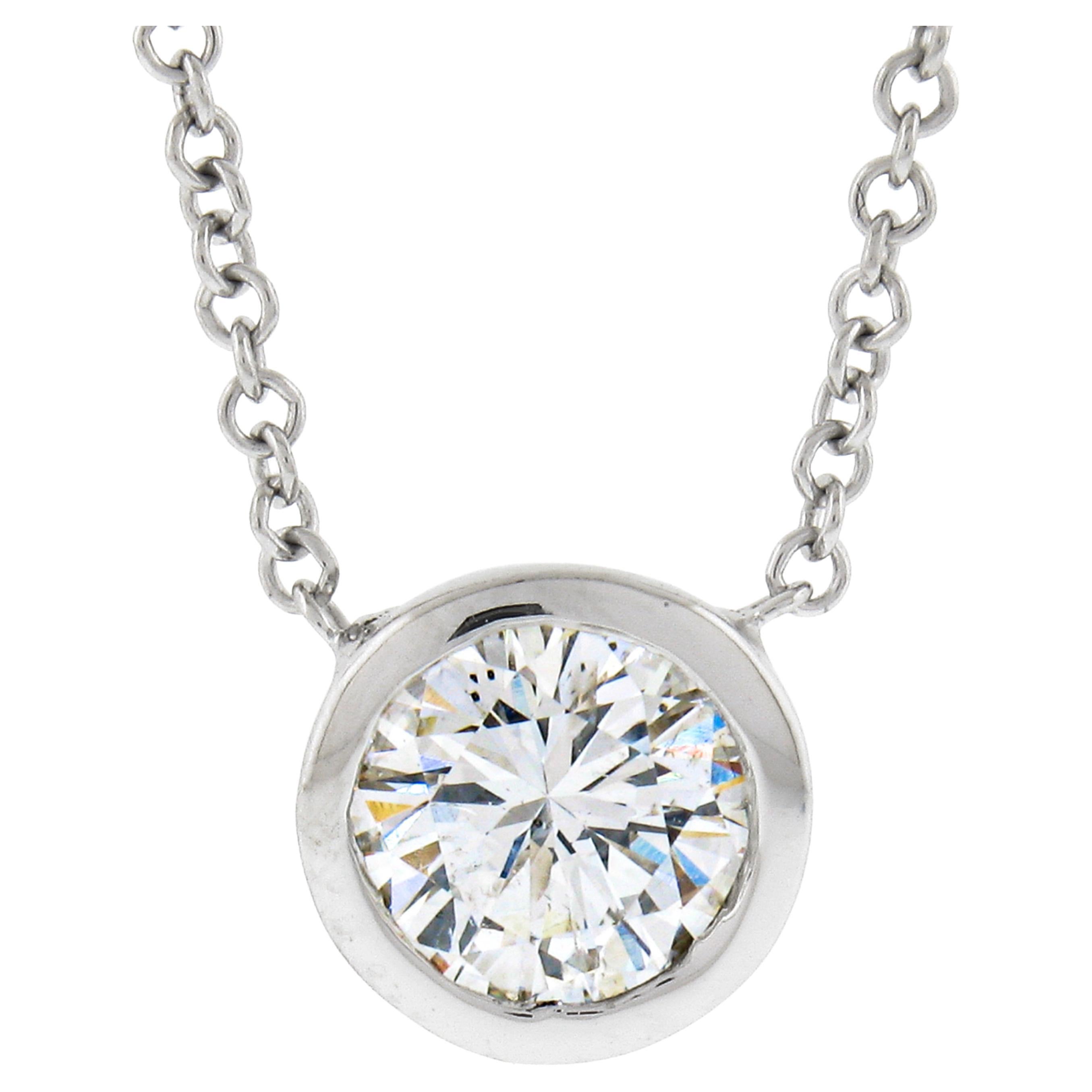 NEW 14k White Gold 0.55ct Round Bezel Diamond Solitaire Pendant Adjustable Chain For Sale
