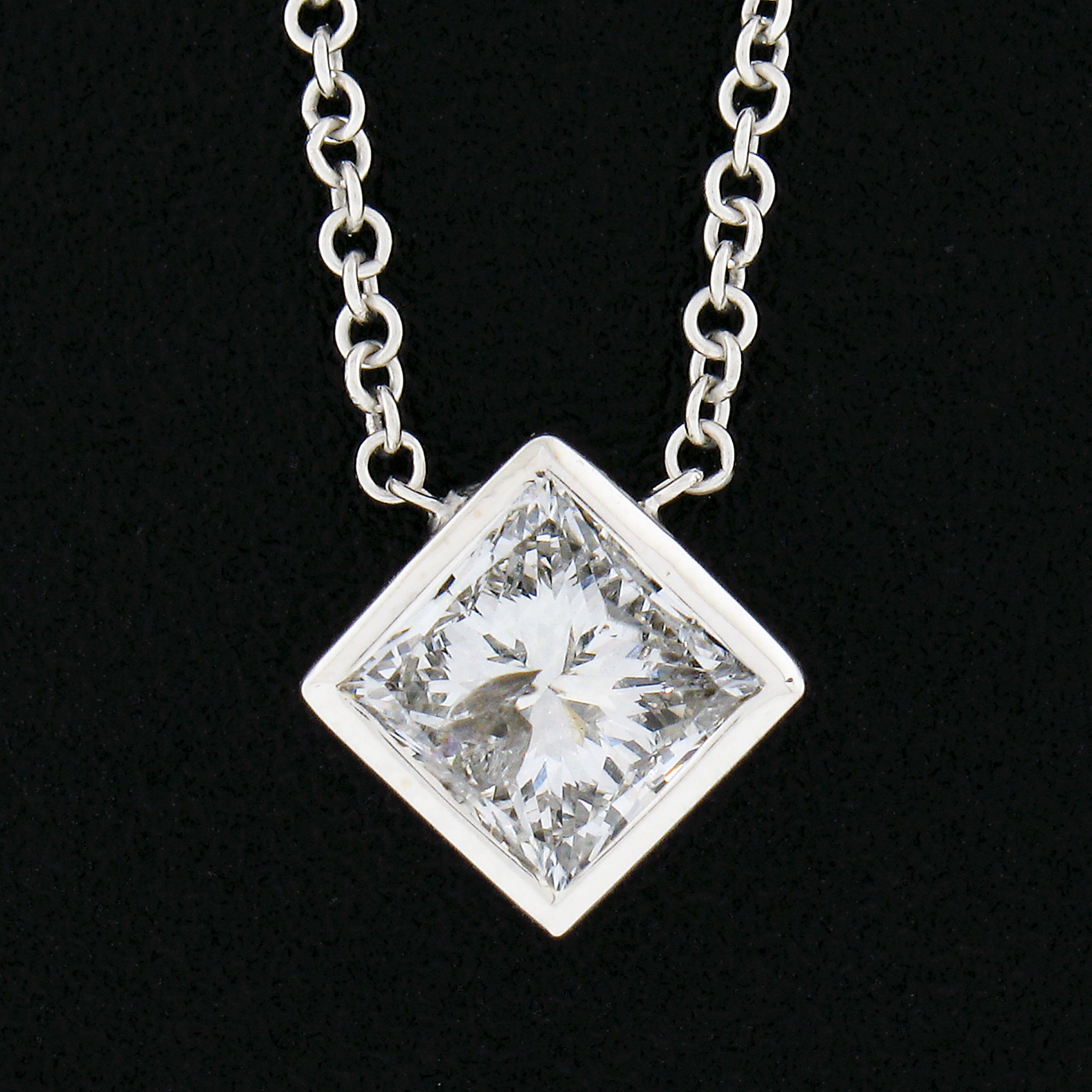 New 14k White Gold 0.59ctw Princess Cut Bezel Diamond Solitaire Pendant Necklace In New Condition For Sale In Montclair, NJ