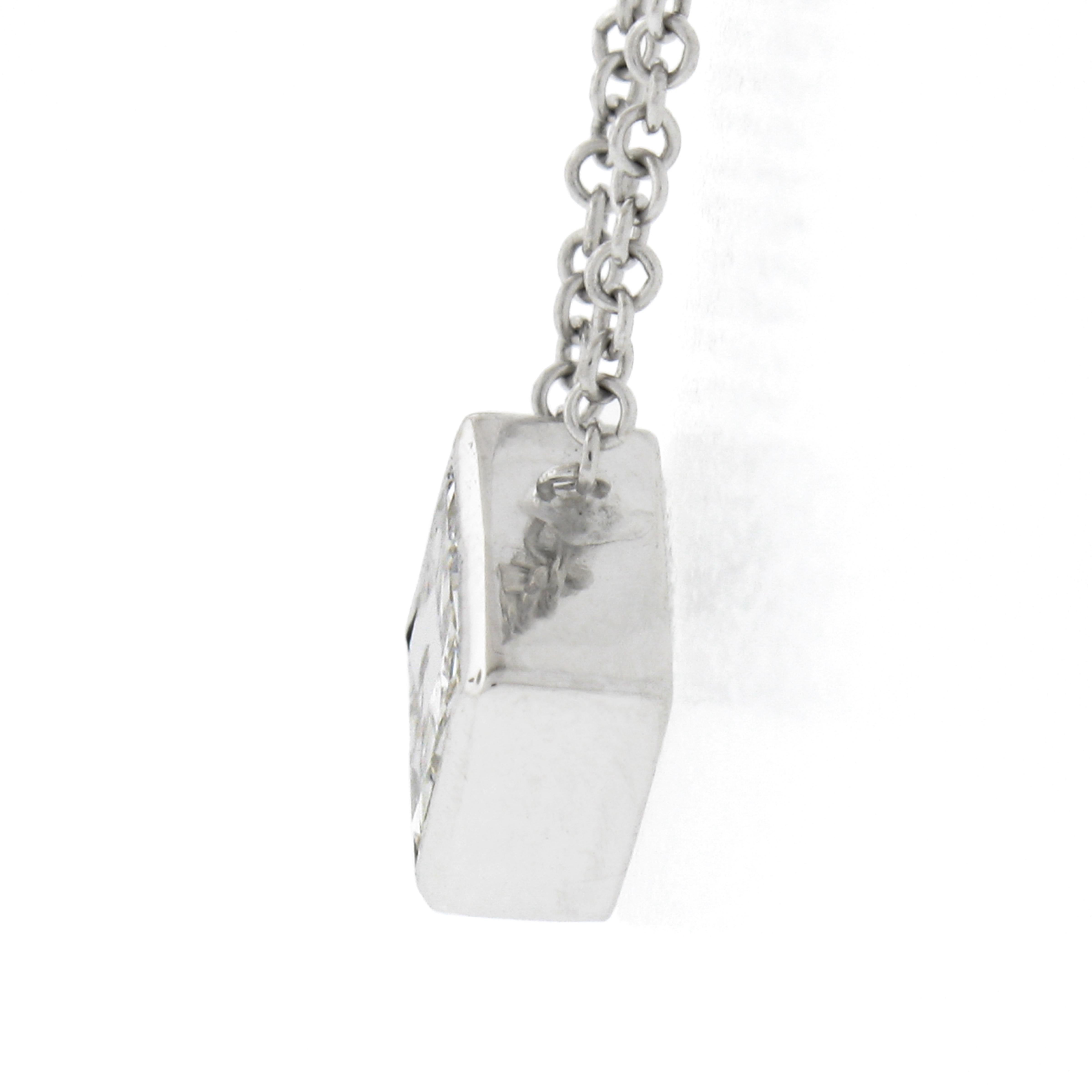 New 14k White Gold 0.59ctw Princess Cut Bezel Diamond Solitaire Pendant Necklace For Sale 1