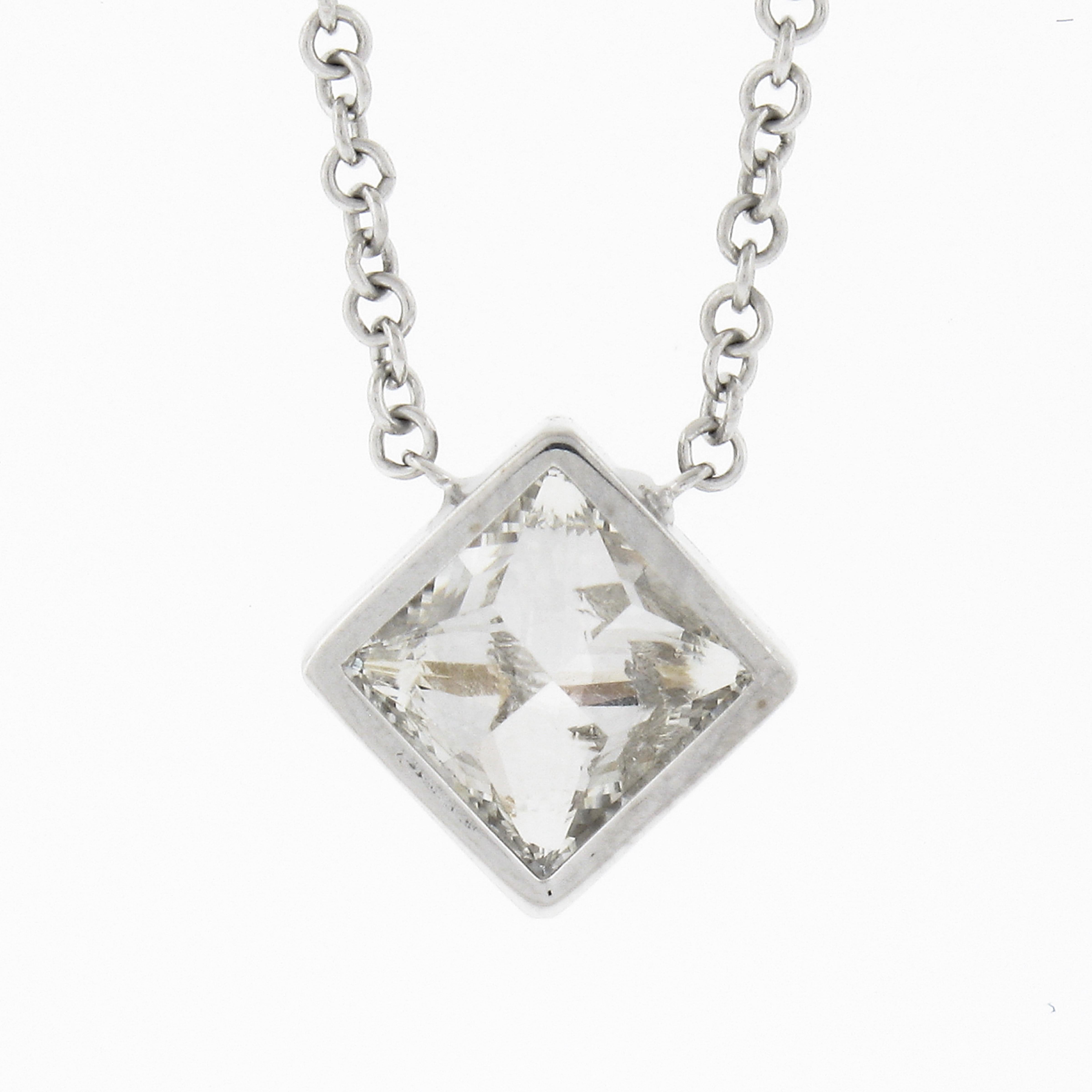 New 14k White Gold 0.59ctw Princess Cut Bezel Diamond Solitaire Pendant Necklace For Sale 2