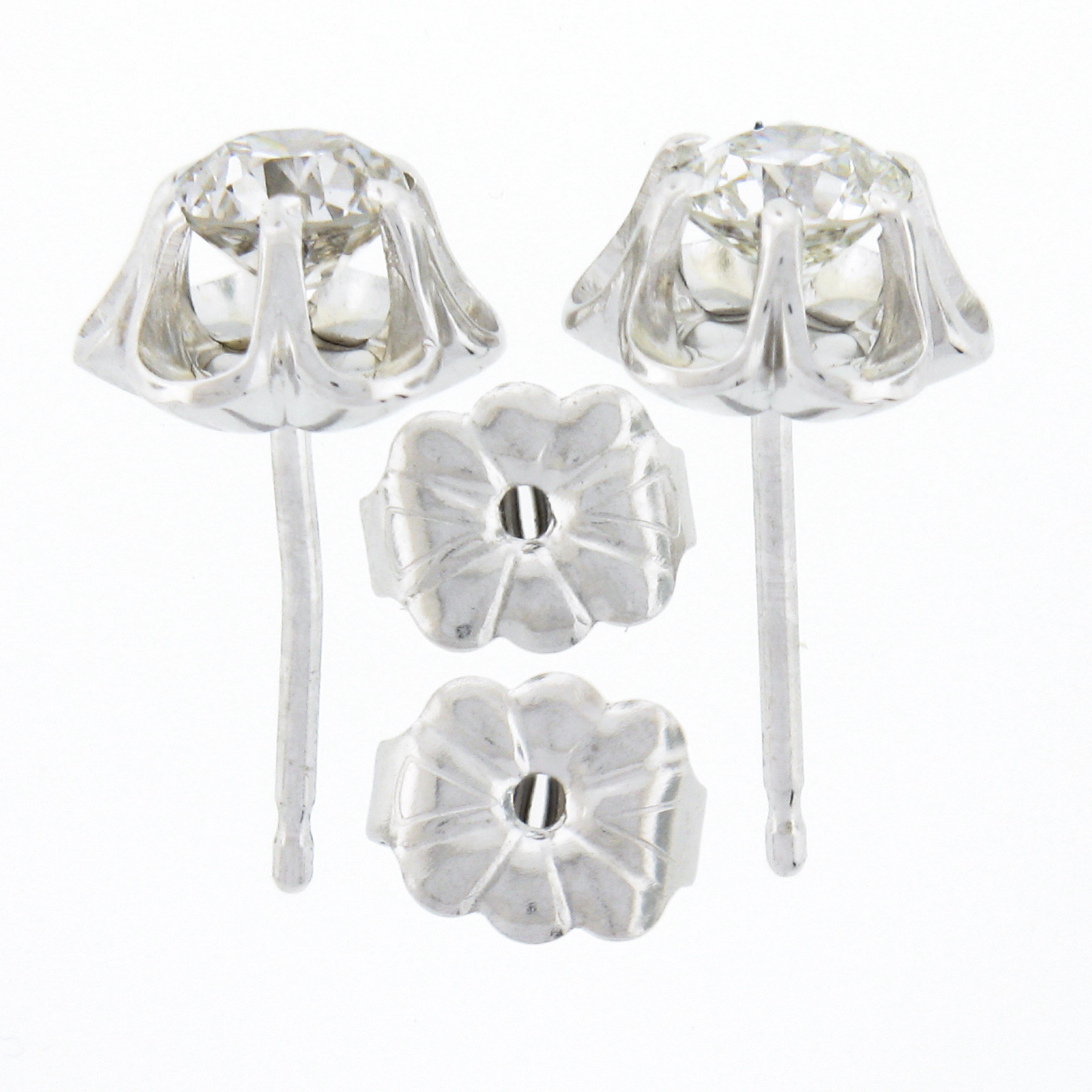 Old European Cut New 14K White Gold 0.76ctw European Diamond Buttercup Prong Flower Stud Earrings For Sale