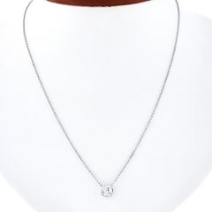NEW 14k White Gold 0.80ct Round Bezel Diamond Solitaire Pendant Adjustable Chain