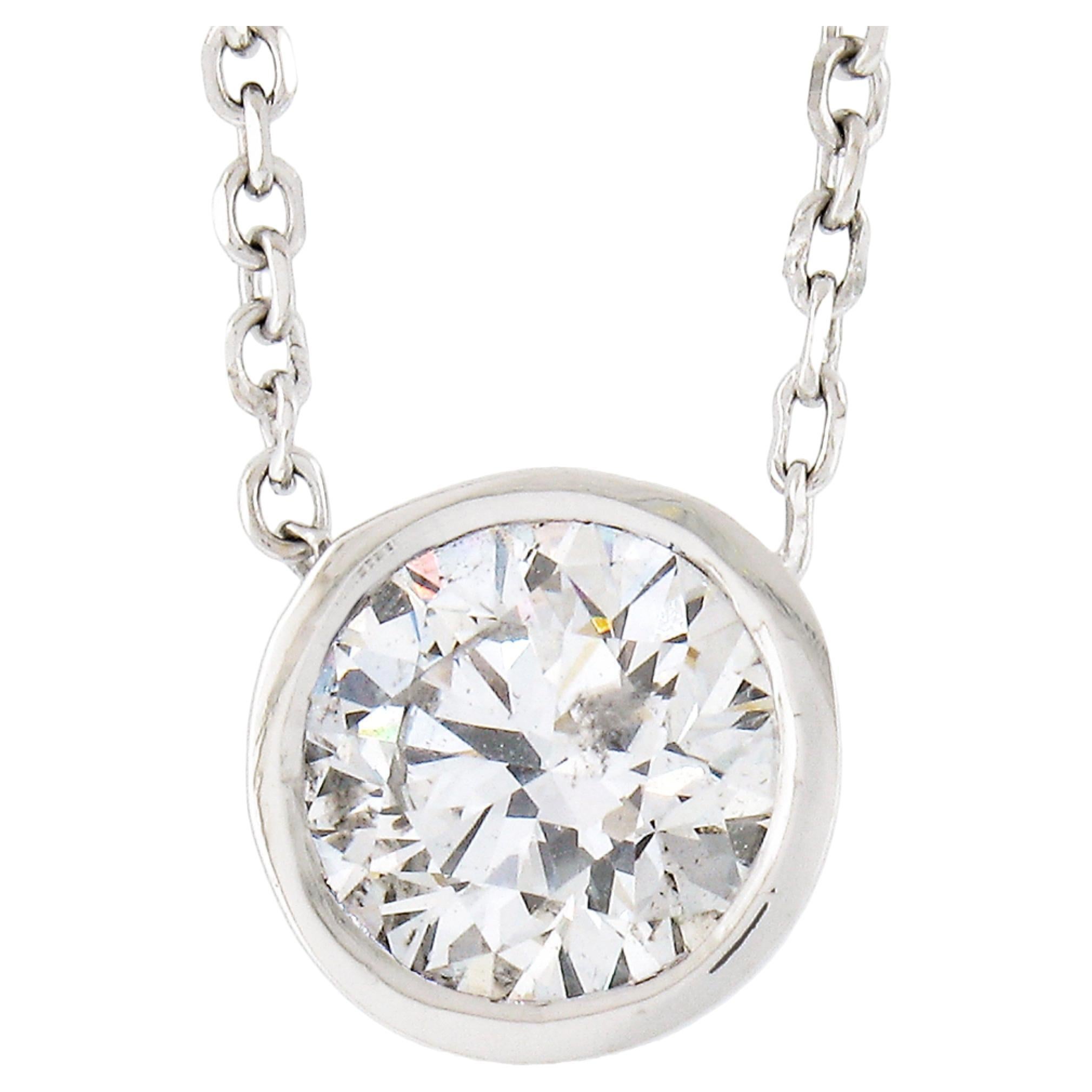 NEW 14k White Gold 0.80ct Round Bezel Diamond Solitaire Pendant Adjustable Chain For Sale