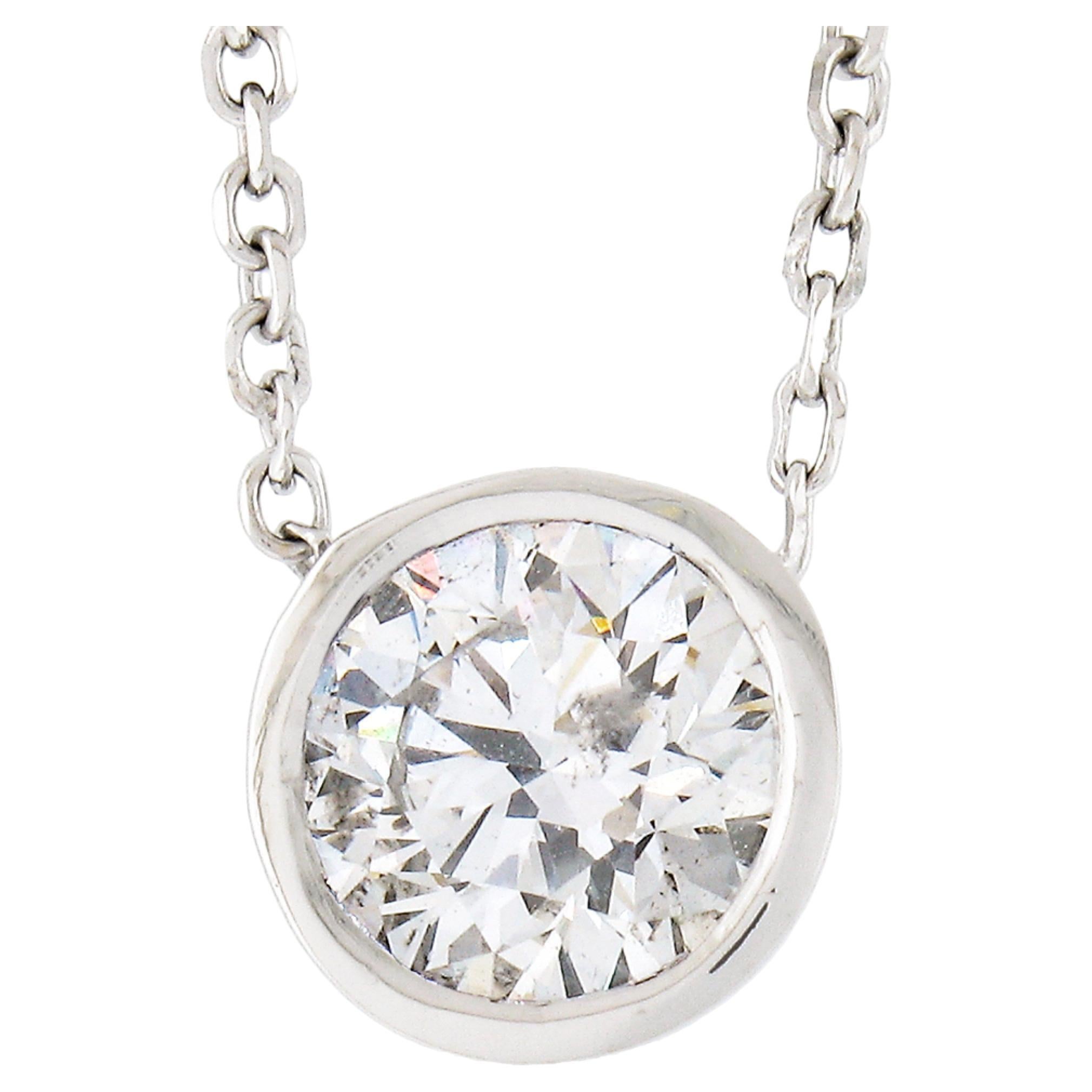 NEW 14k White Gold 0.80ct Round Bezel Diamond Solitaire Pendant Adjustable Chain