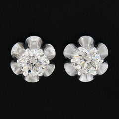 New 14K White Gold 0.85ctw European Diamond Buttercup Prong Flower Stud Earrings