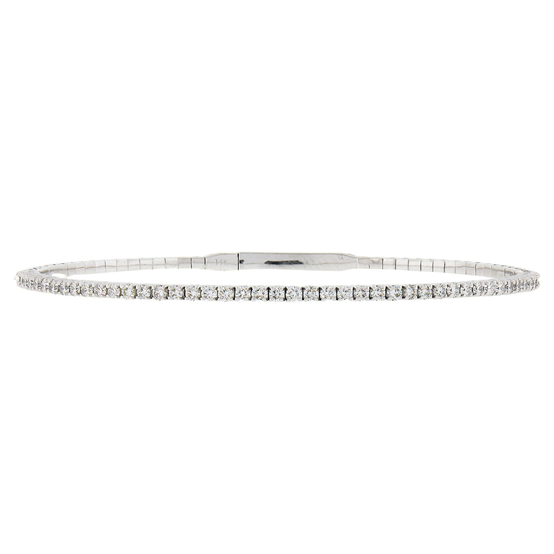 NEW 14k White Gold 0.90ct Round Diamond 6.25" Flexible Stackable Bangle Bracelet For Sale