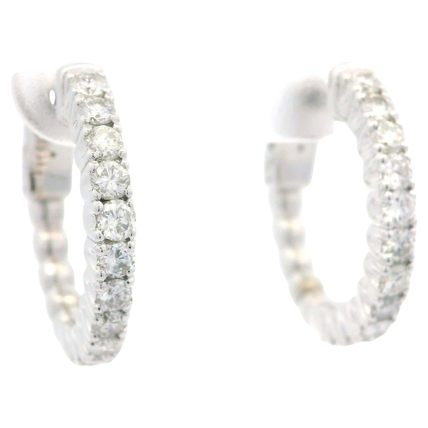 New 14k White Gold 0.92ctw Diamond Classic Medium Hoop Push Clasp Earrings