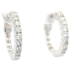 New 14k White Gold 0.92ctw Diamond Classic Medium Hoop Push Clasp Earrings