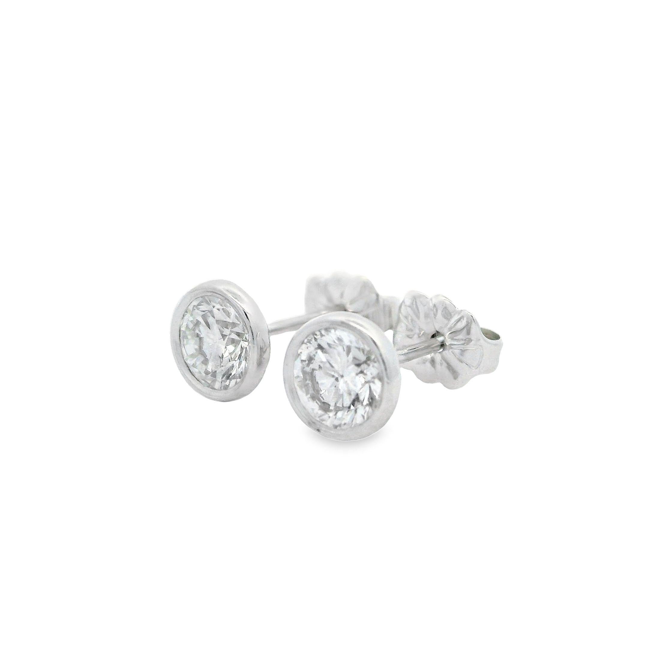 Round Cut New 14k White Gold 1.01ctw Diamond Martini Bezel Stud Earrings For Sale