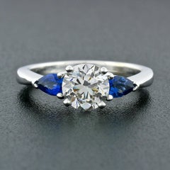 New 14k White Gold 1.03ct GIA Round Diamond & Sapphire 3 Stone Engagement Ring
