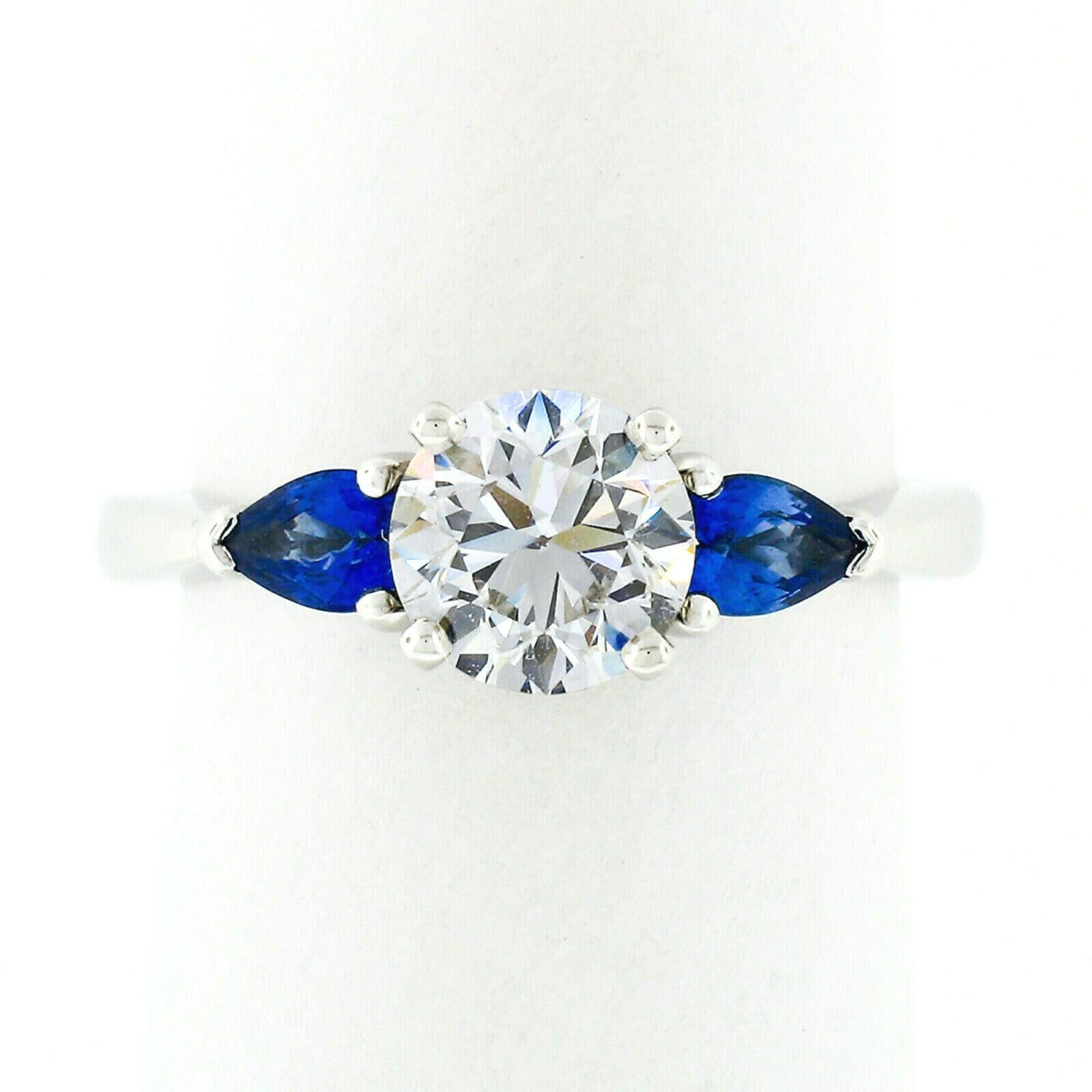 New 14k White Gold 1.03ct GIA Round Diamond & Sapphire 3 Stone Engagement Ring In New Condition For Sale In Montclair, NJ